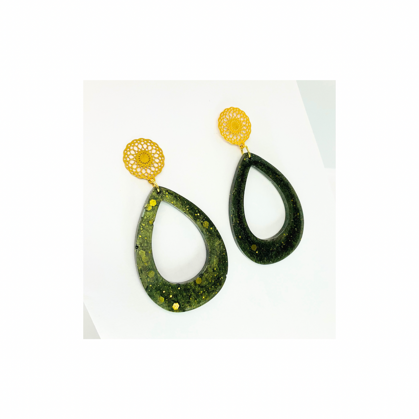 Hunter Green and Gold Sparkle Teardrop with Gold Filigree Stud Earrings - Elegant Teardrop Shape & Intricate Filigree Design