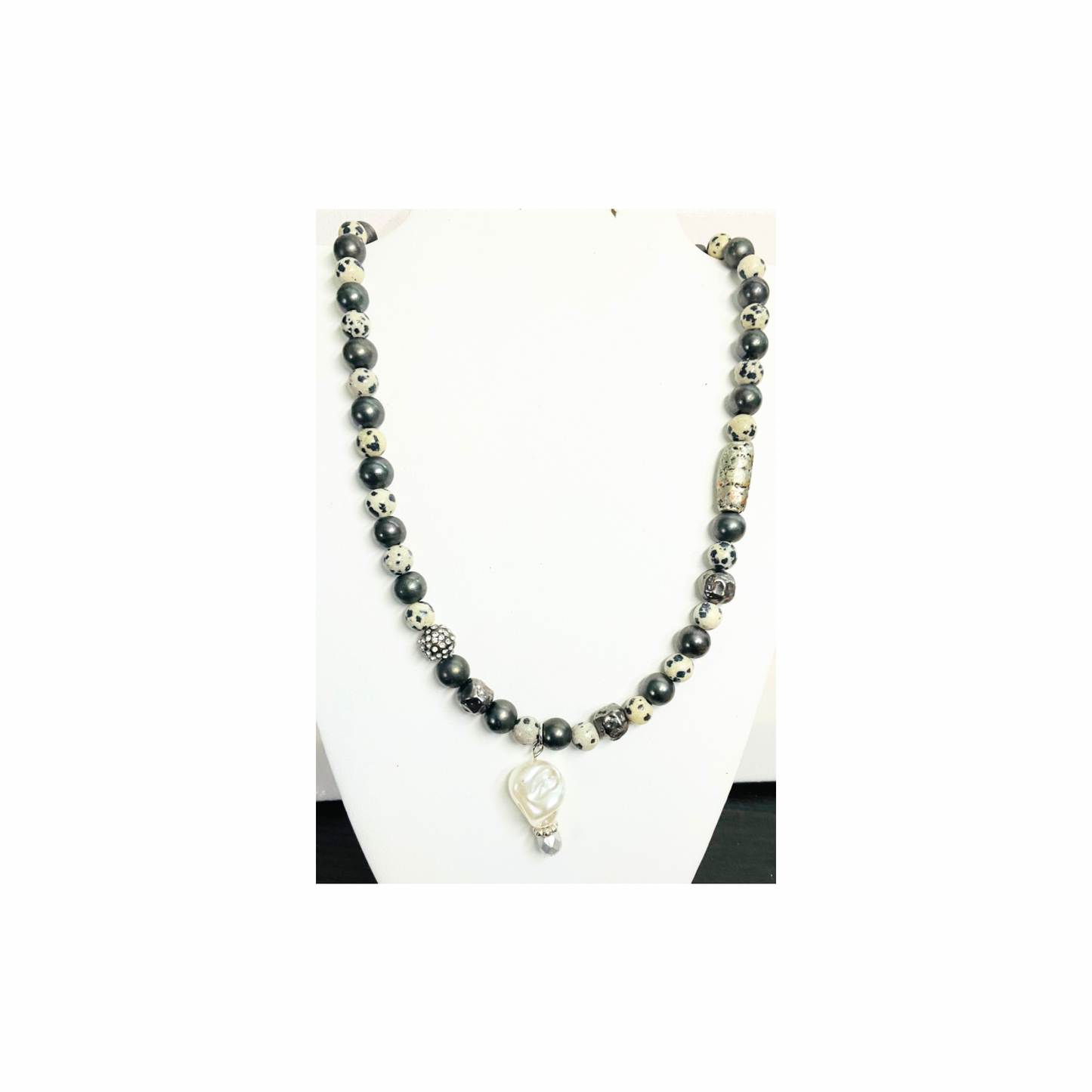 Dark Gray & Pewter Beaded 18-Inch Necklace with Pearl Drop and  Silver Toggle Fastener for Versatile Wear