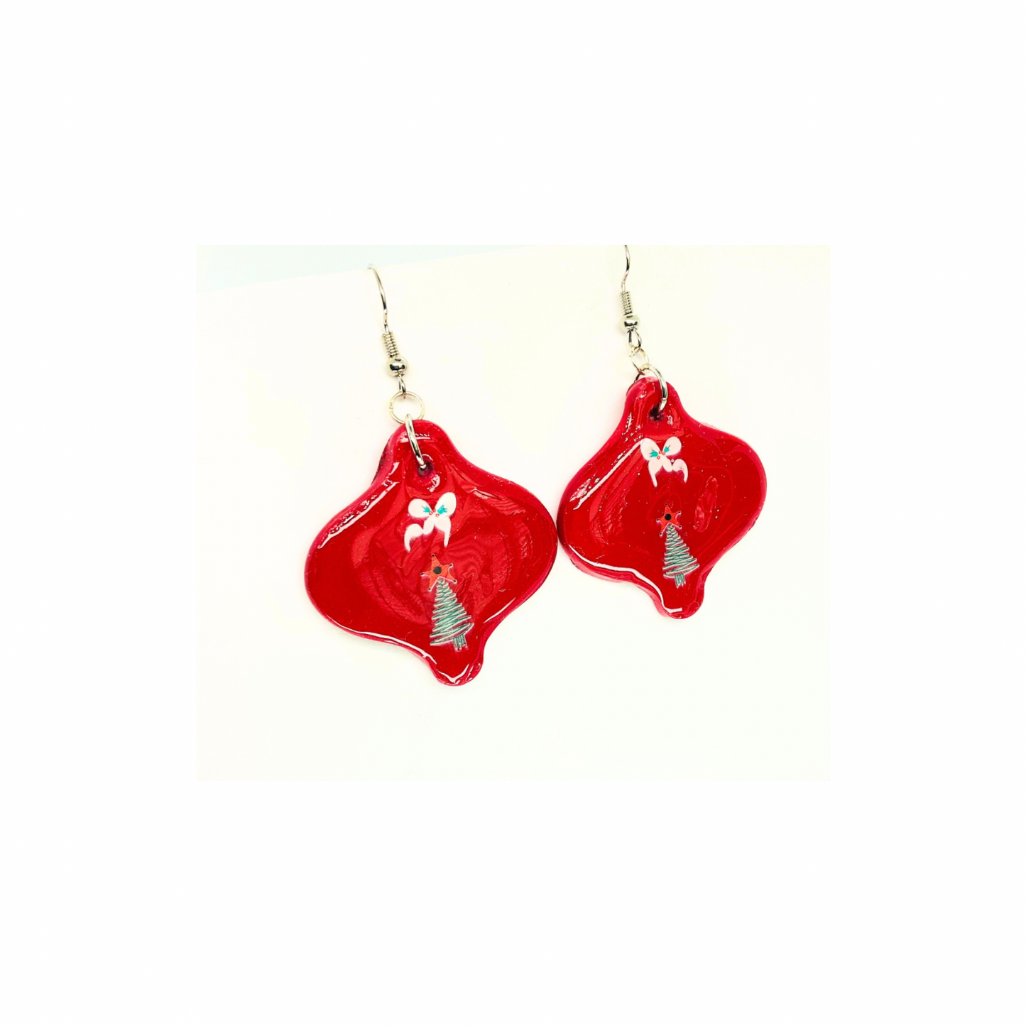 Christmas in July Collection Red Ornament with Tree Embellishment Dangle Earrings Festive Design