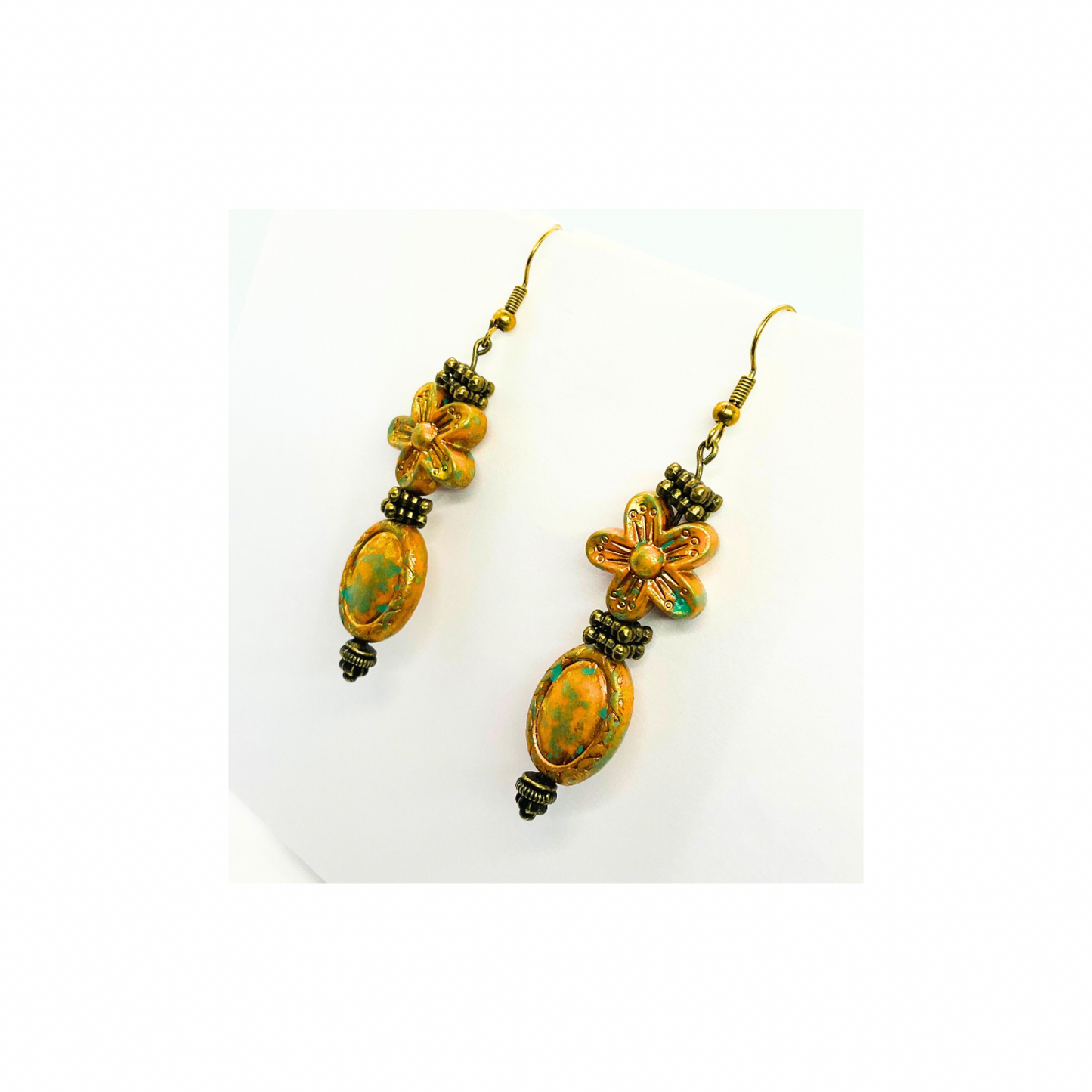 Gold Patina Czech Acrylic Blossom Beaded Earrings