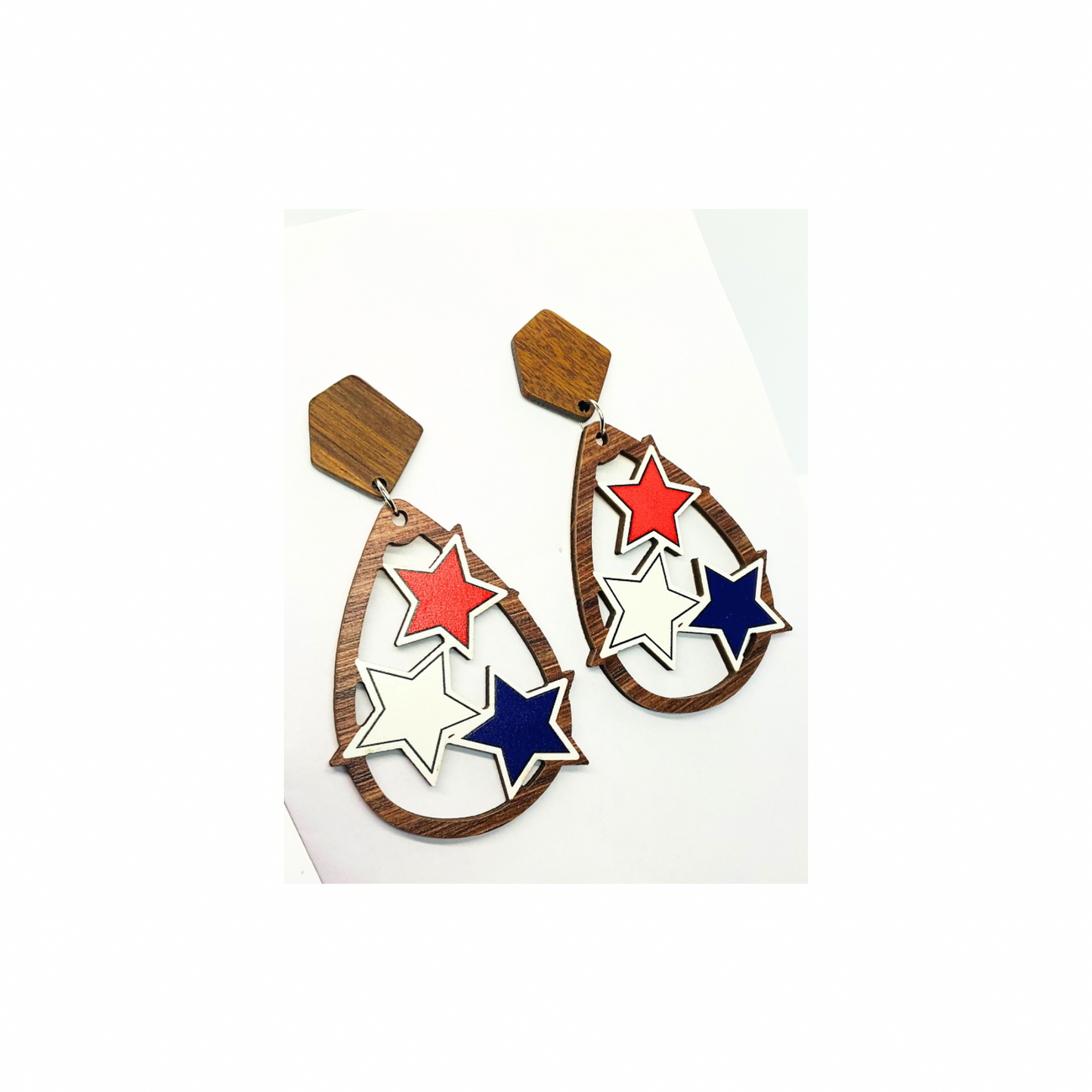 Patriotic Collection Red White Blue Wood Star Teardrop Dangle Earrings for Female Patriotic Jewelry