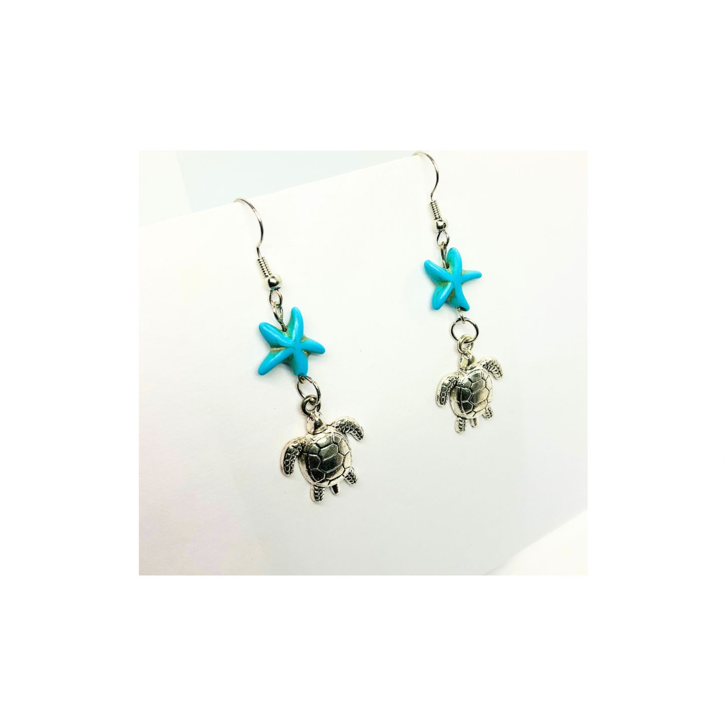 Ocean Collection Silver Turtle with Starfish Dangle Earring - Blue Starfish Accents