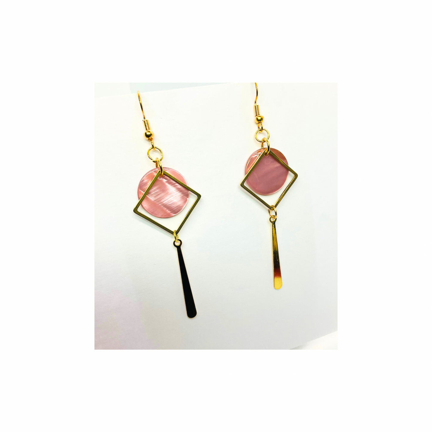 Pink Shell Collection Pink Circle with Gold Accent Dangle Earrings - Geometric Design & Elegant Pink Shell Accents