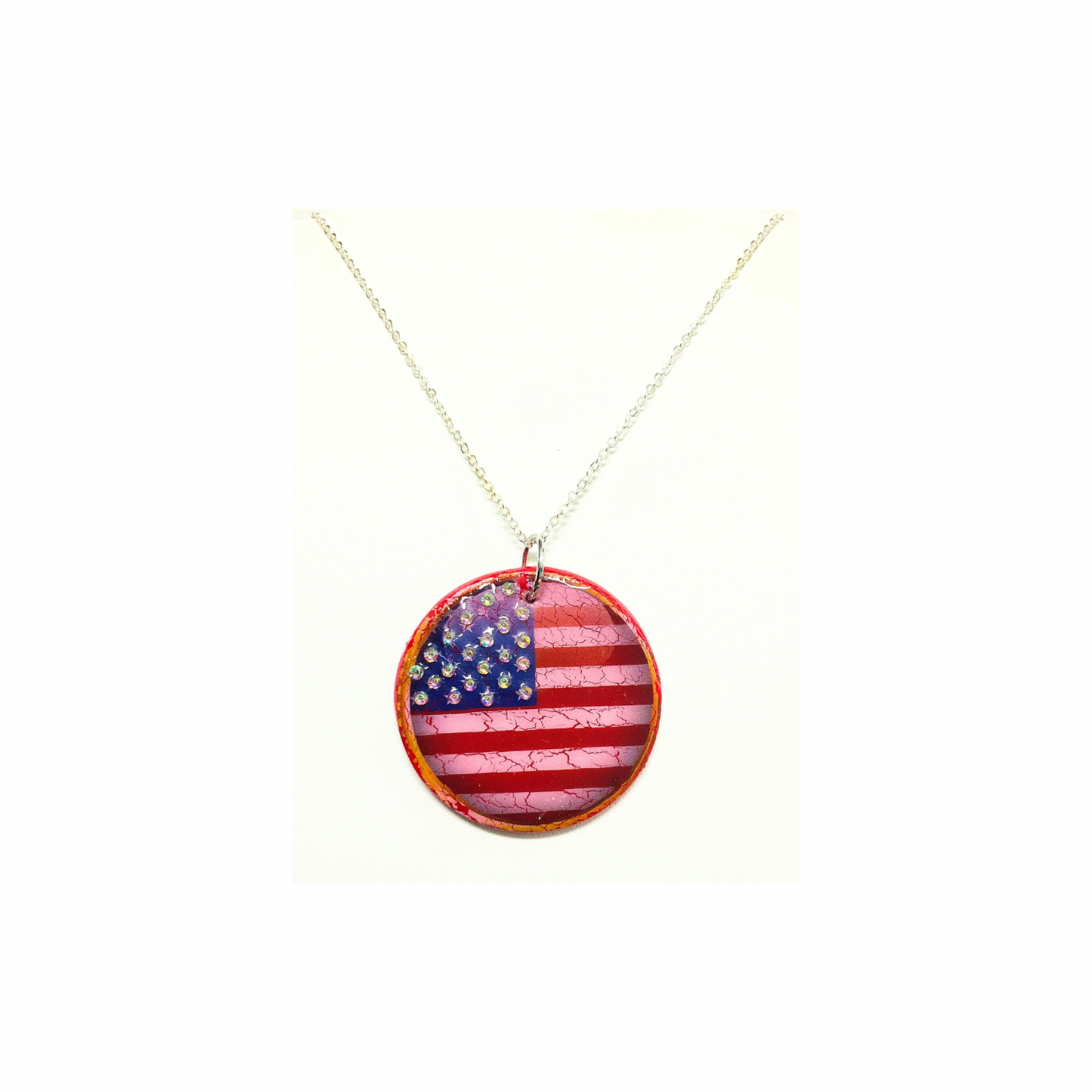 Patriotic Red White and Blue Round Pendant Necklace with Rhinestone Stars Handmade Polymer Clay UV Resin 18 Inch Silver Chain