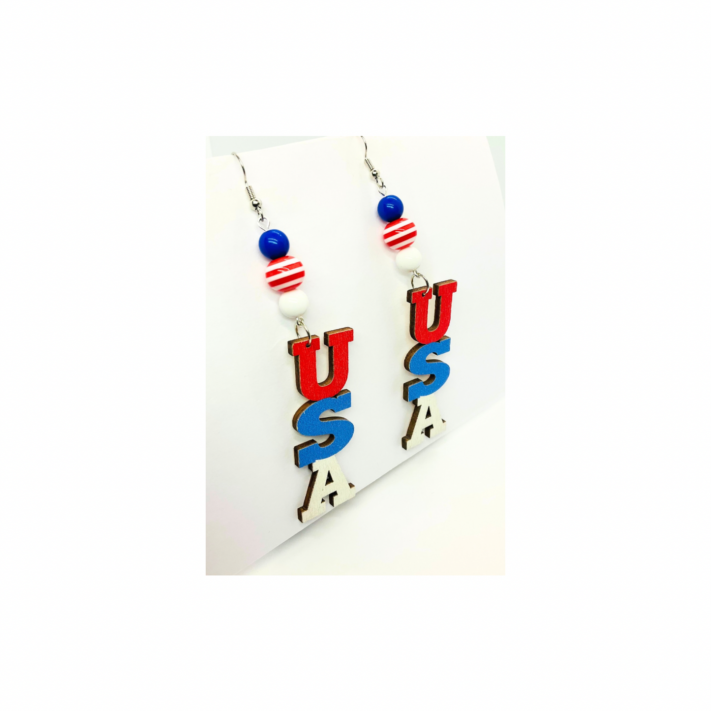 Patriotic Collection USA Wood with Bead Dangle Earring for Female Red White Blue Colorful Design