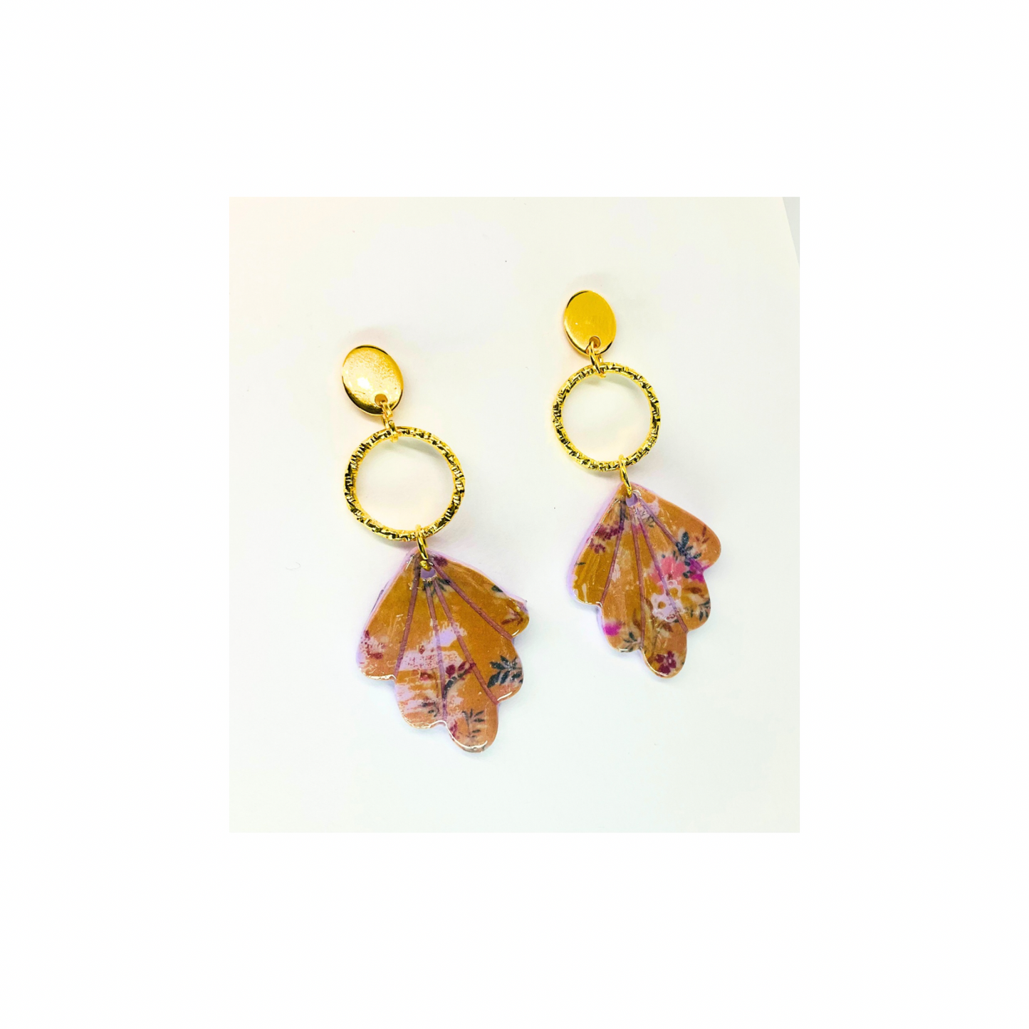 Purple and Beige Dangle with Gold Circle Stud Earrings