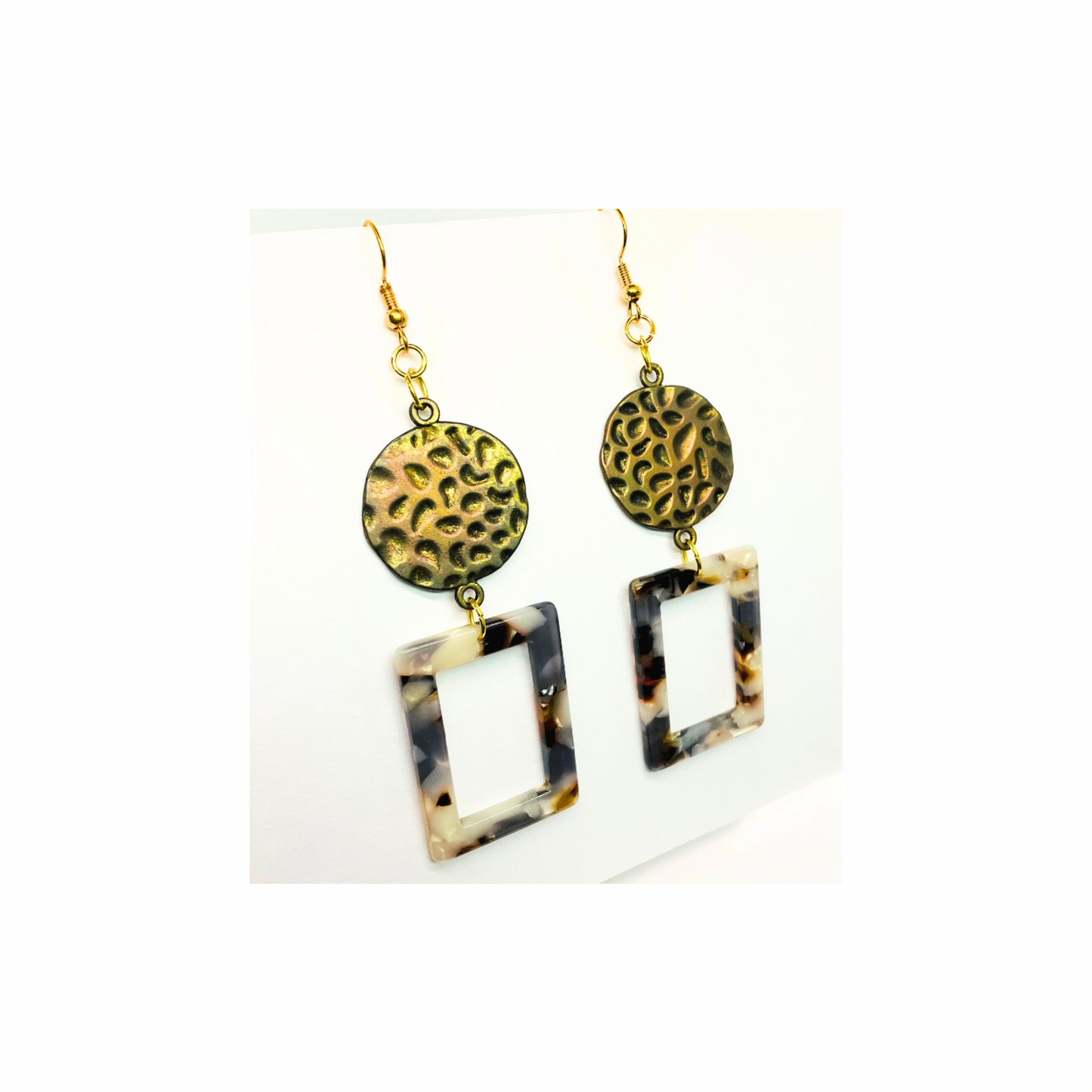 Tortoise Collection Brown Earrings with Gold Tarnished Hammered Circle Elegant Design for Women