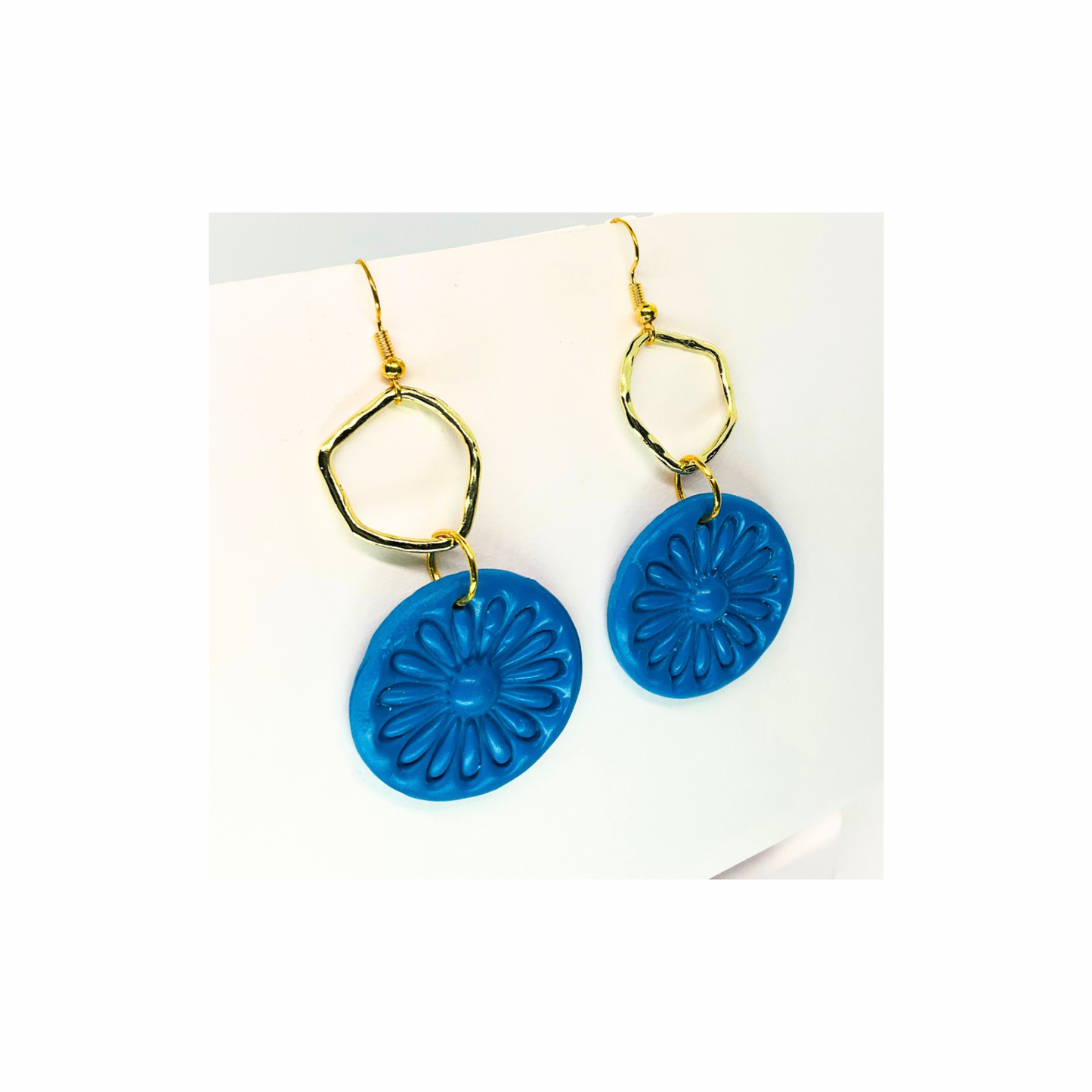 Blue Circle with Gold Accents Dangle Earrings - Unique Design Featuring Blue Circular Charms and Gold Accents