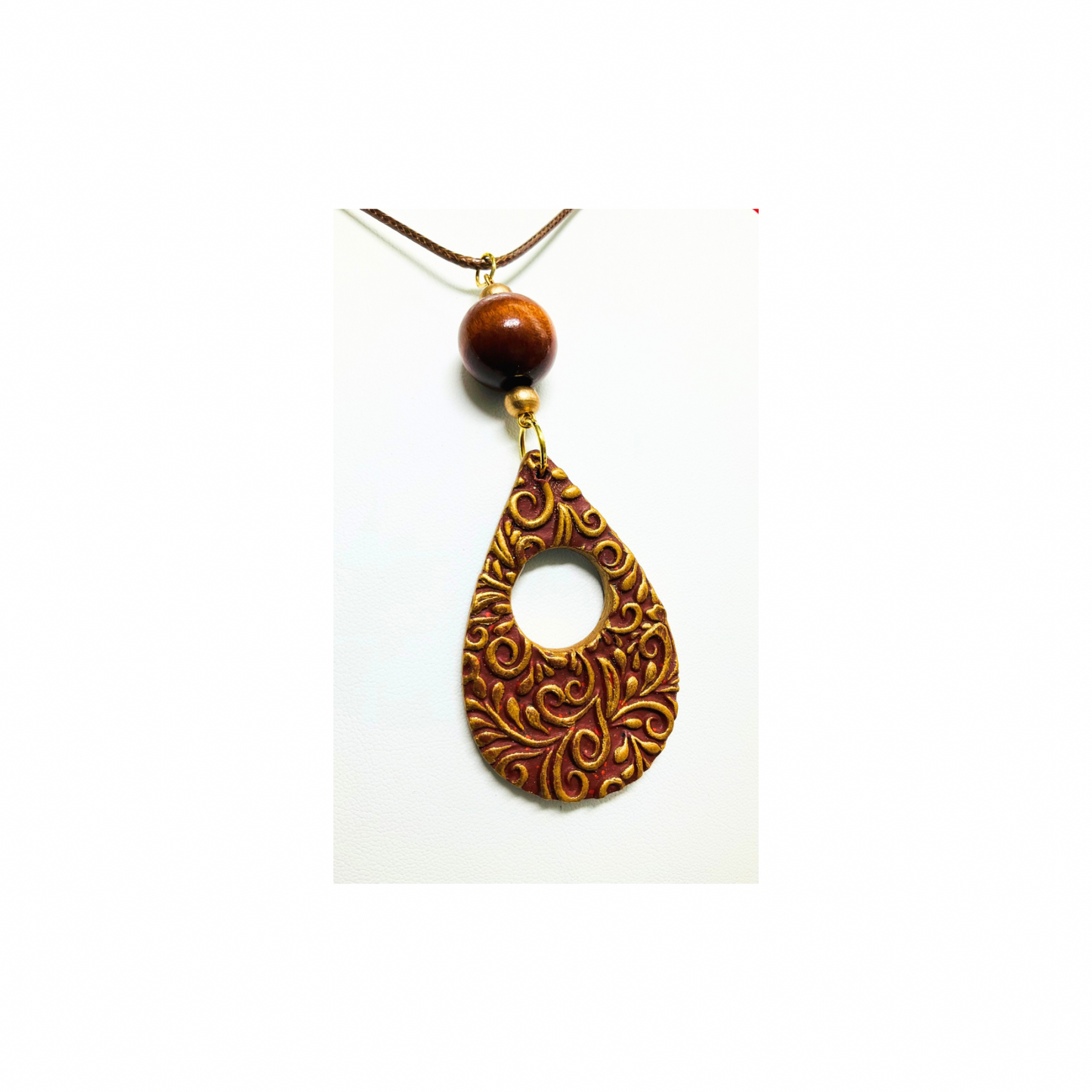 Sienna and Gold Teardrop Pendant with Beads on 18-inch PU Leather Necklace - Elegant Design Jewelry
