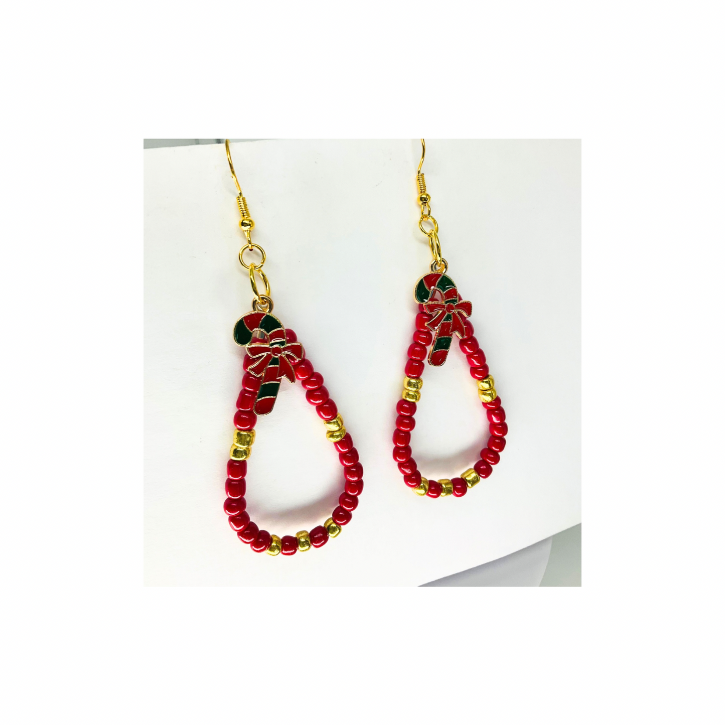 Teardrop Red and Gold Beaded Dangle with Candy Cane Charm Earrings