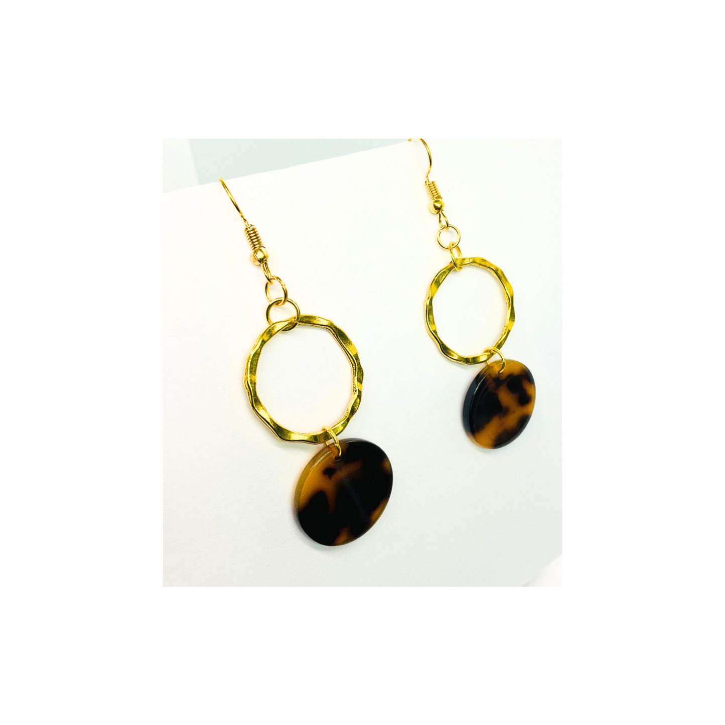 Tortoise Collection Dark Brown Button Dangle Earring - Elegant Gold Hoop & Leopard Disc Design for Women
