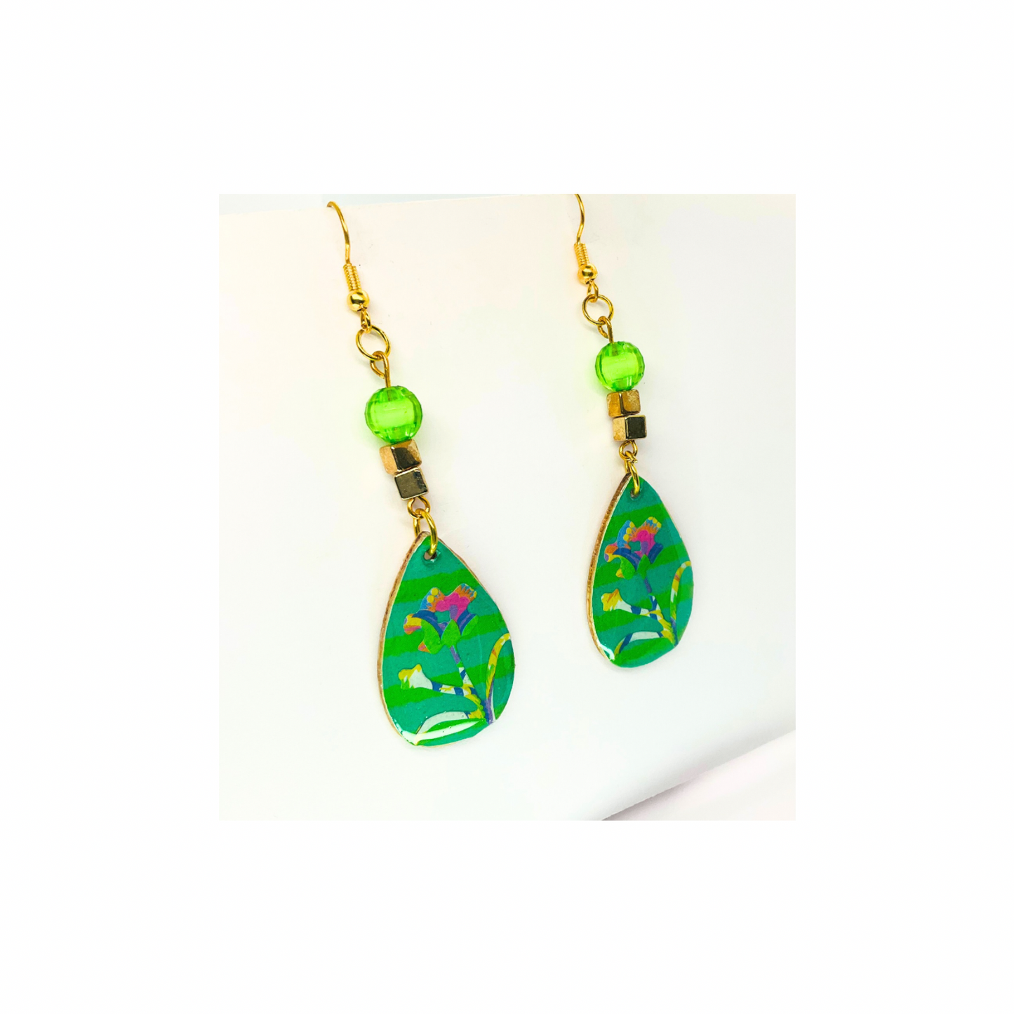 BOHO Wood Dangle Teardrop Earring Handmade with Flower Motif & Green Bead Top Quality Handcrafted Jewelry