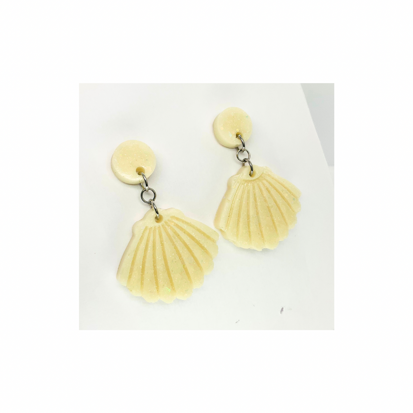 Ocean Collection Crean Sparkle Shell Dangle Earrings - Cream Acrylic Metallic Paint & Fine White Glitter Resin Earrings with Silver Post