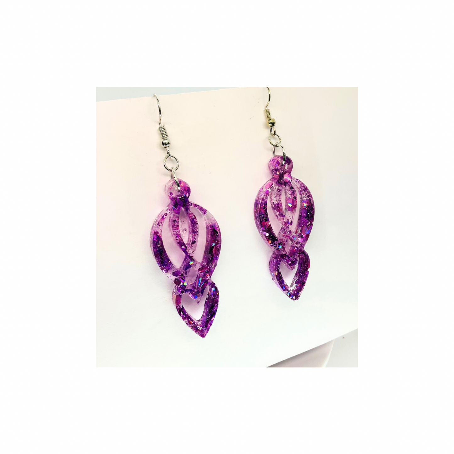 Purple Glitter Filigree Heart Inside Heart Drop Earrings with Silver Wire Carrier Sparkling Holographic Design