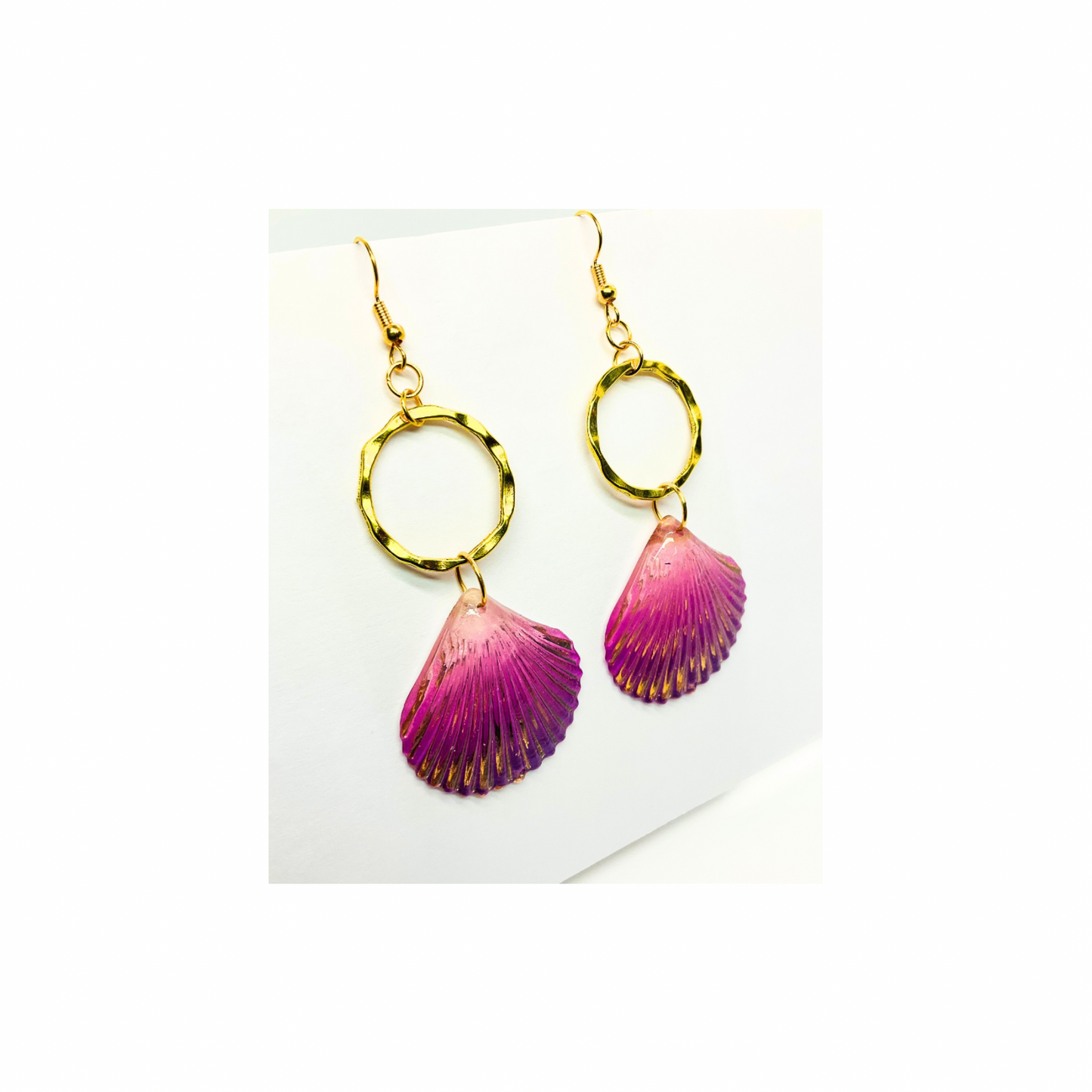 Mermaid Collection Pink Shell Dangle Earrings for Female with Gold Circle Design and Colorful Shell Accents