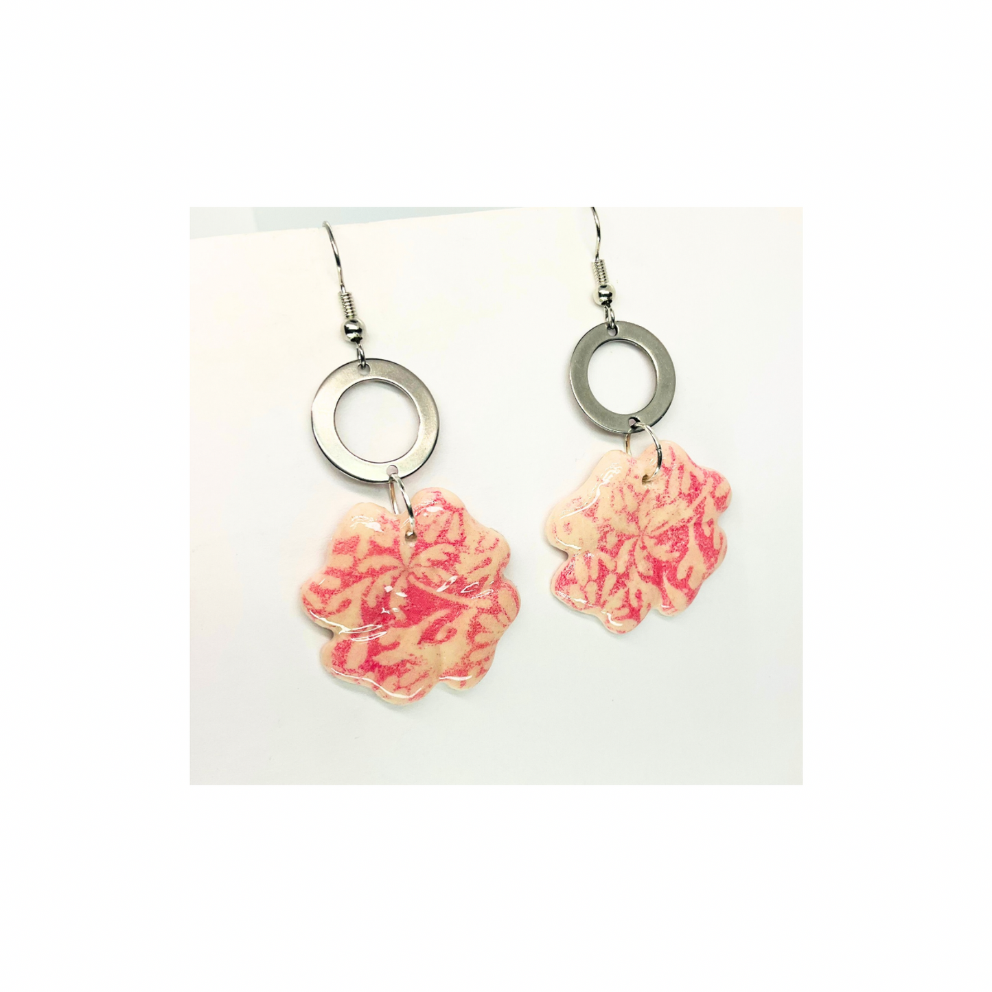 Beach Bloom Collection Pink Flower with Silver Circle Dangle Earring for Female FashionJewelry