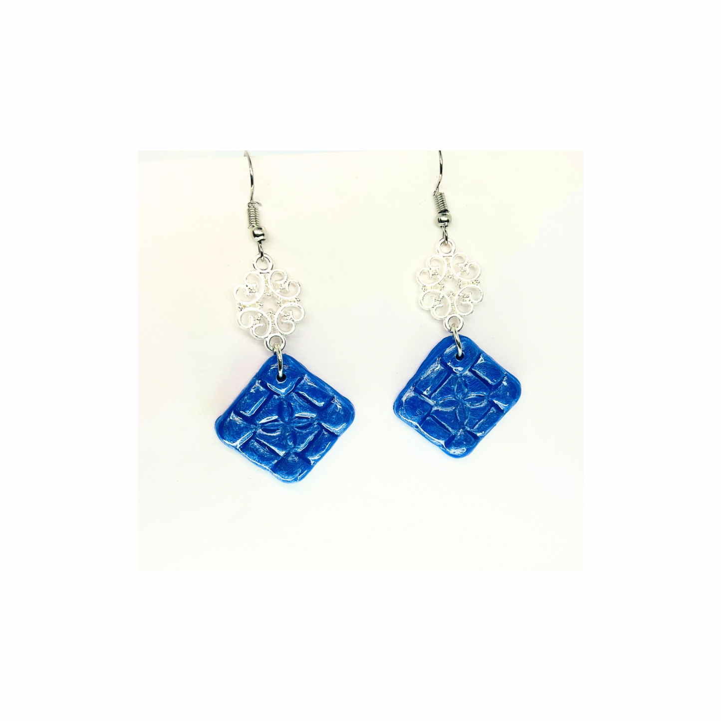Blue Tile 133 with Silver Charm Dangle Earrings - Square Design & Blue Color Only
