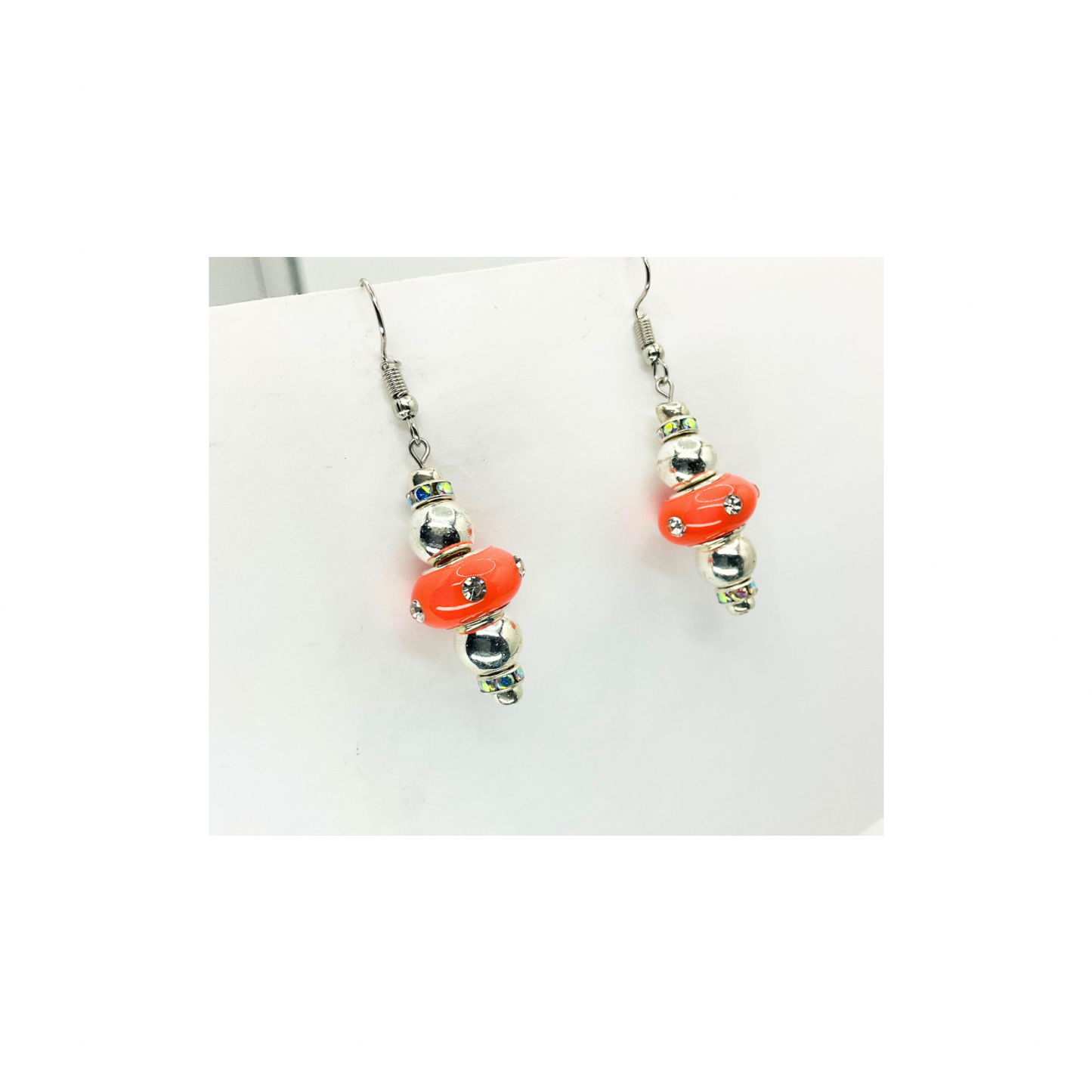 Orange Rhinestone Bead Dangle with Silver Bead Earrings