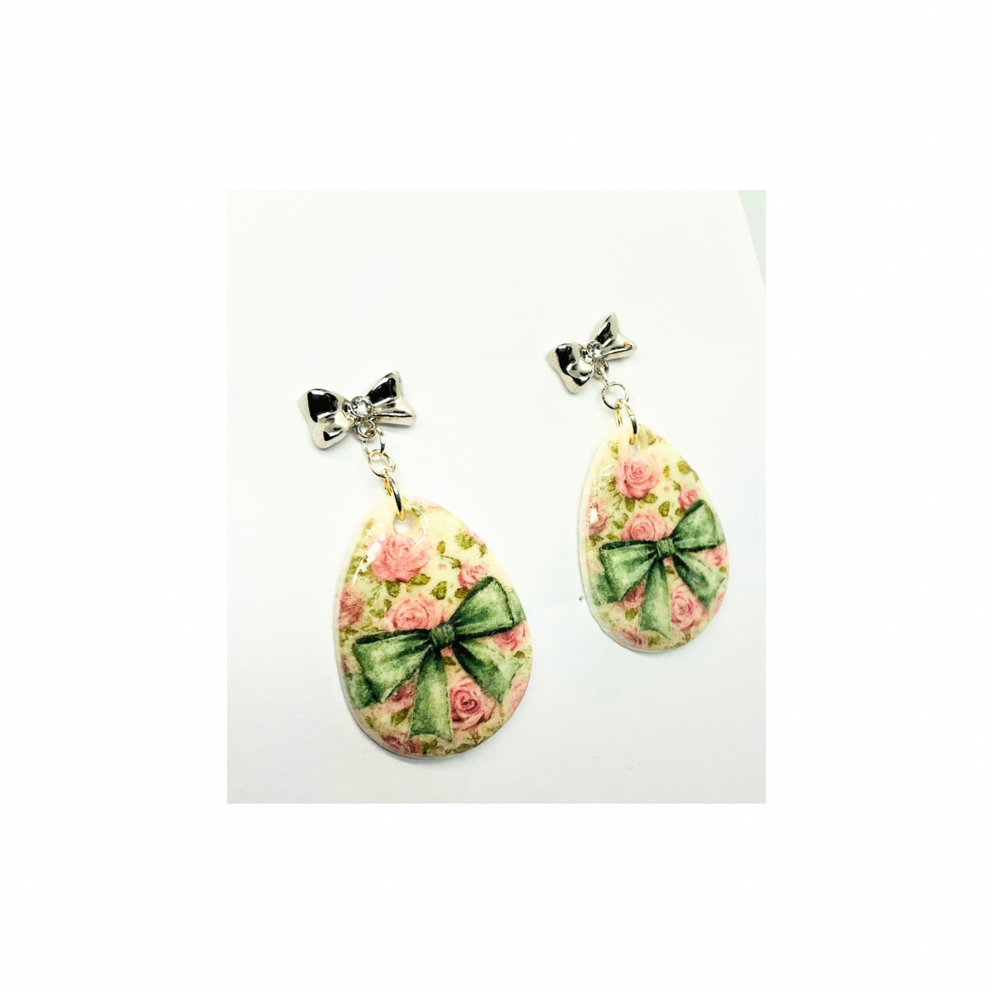 Romantic Green Bow Earrings with Silver Bow Stud