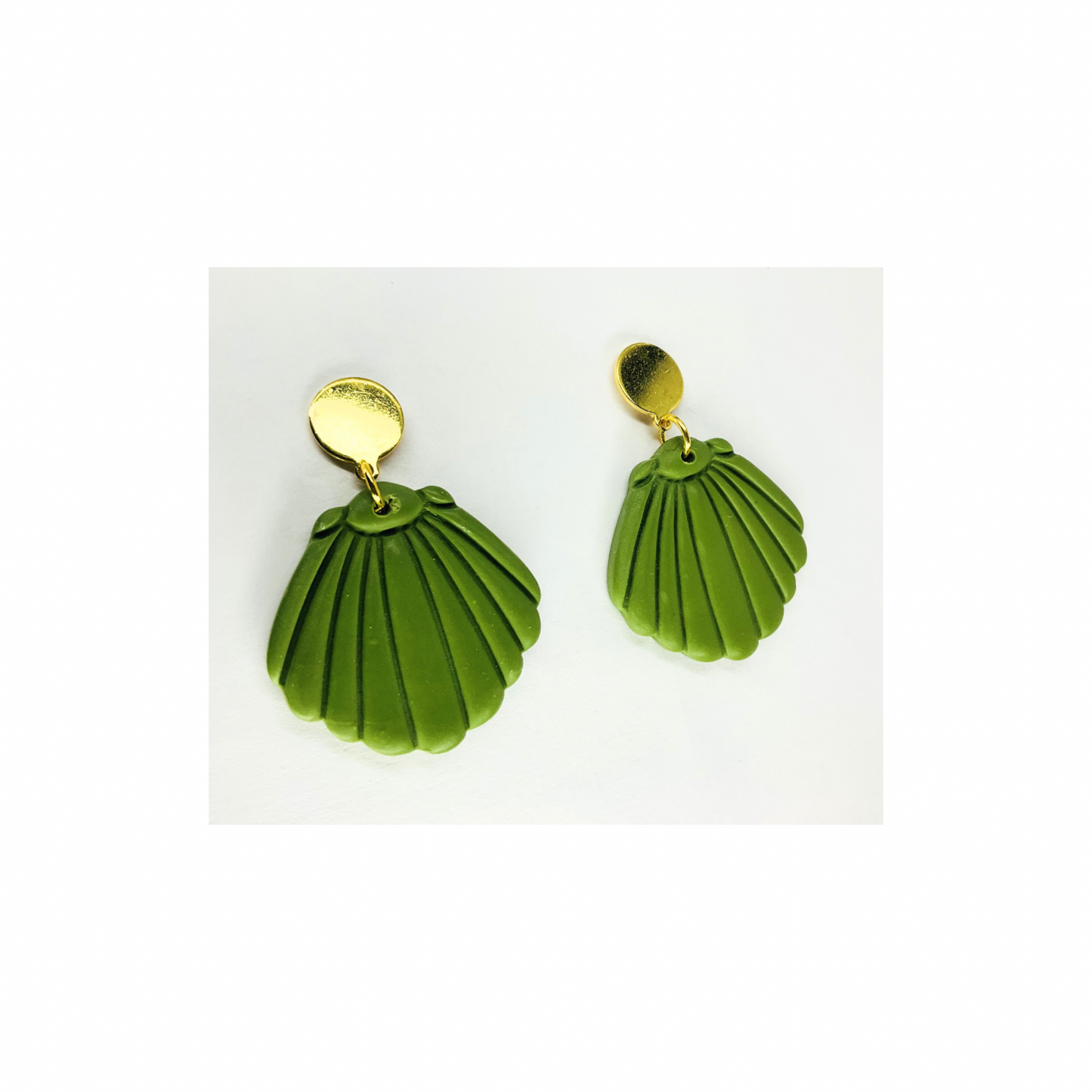 Olive Green Shell Dangle with Gold Button Stud Earrings-Crafting By BB