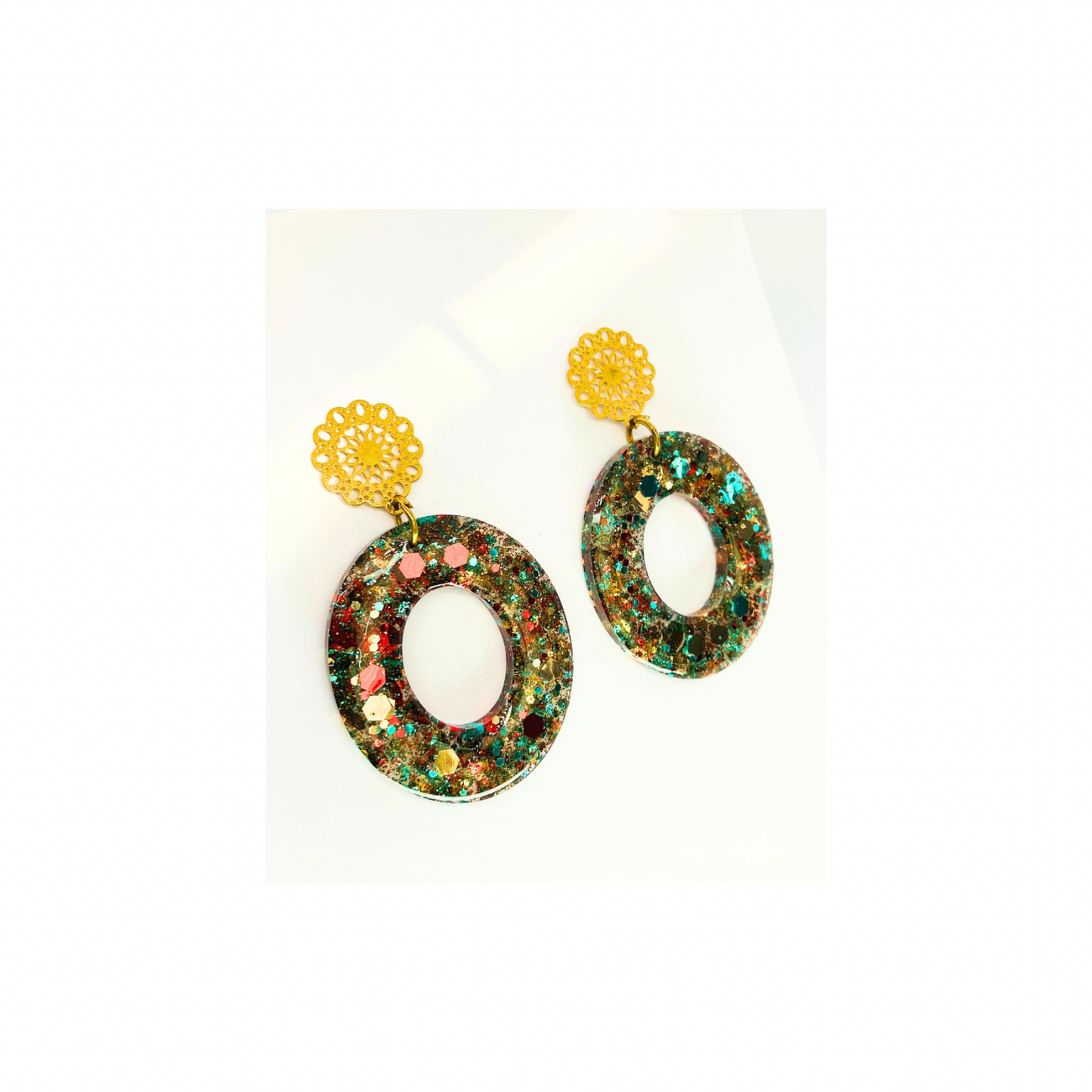 Sparkling Oval Drop Earrings with Filigree Gold Stud Dangle Earrings - Handmade Chunky Glitter Resin Earrings in Gold & Teal