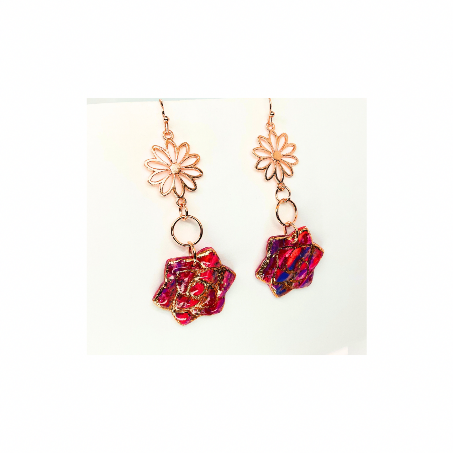 Rose Gold Collection Rose Shape Dangle Earrings with Colorful Floral Design and Elegant Daisy Top