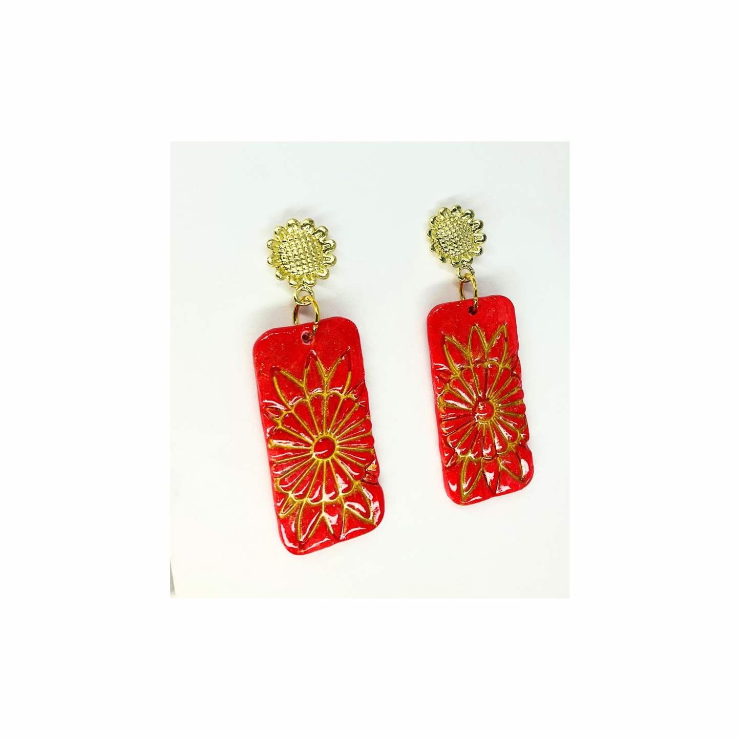 Red and Gold Rectangle Flower Dangle with Gold Stud Earring-Crafting By BB