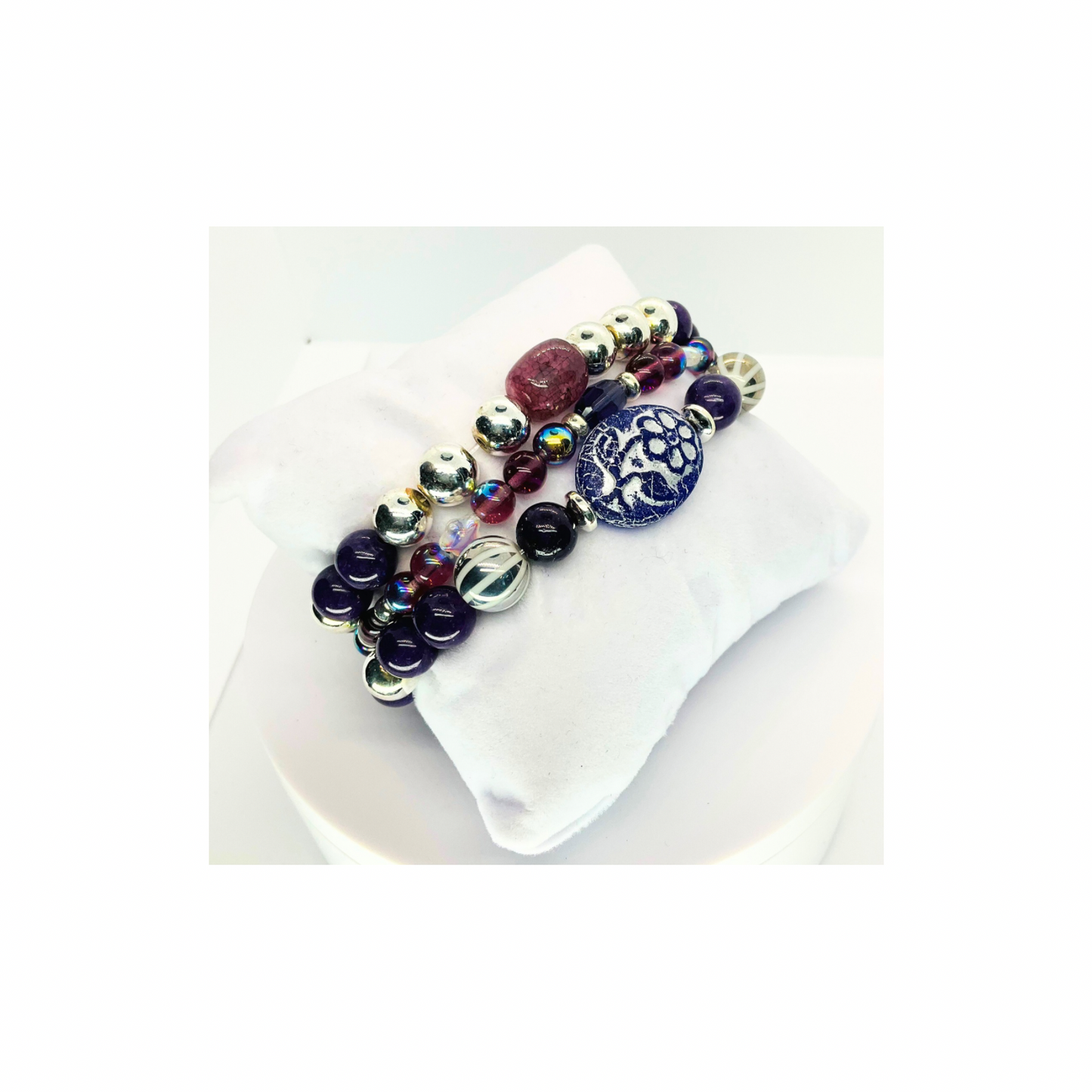 Eggplant Purple Stacked Stretch Set of Three Bracelets with Unique Beads & Floral Design for Everyday Wear