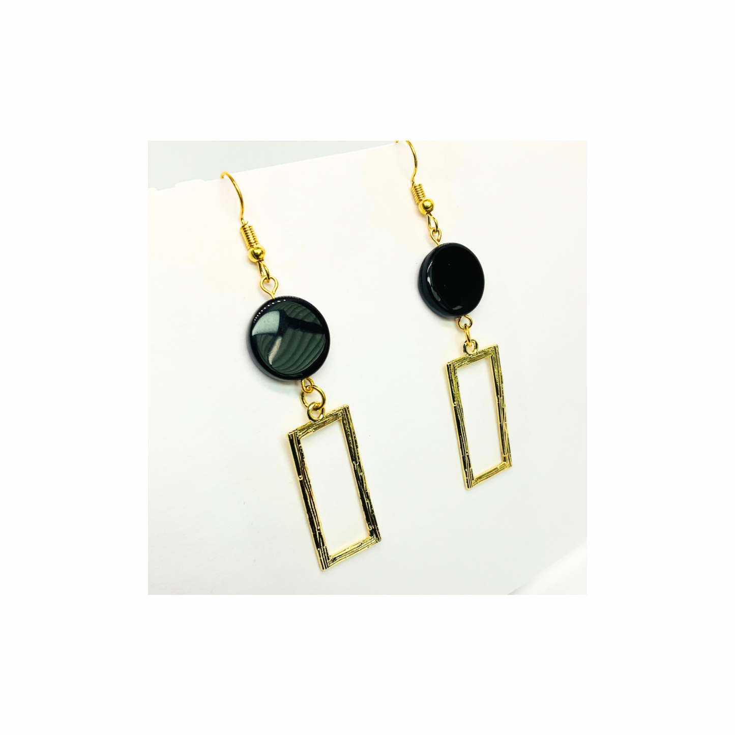 Eclipse Collection Black Button Gold Rectangle Dangle Earring with Unique Design Elements for Women's Fashion Jewelry