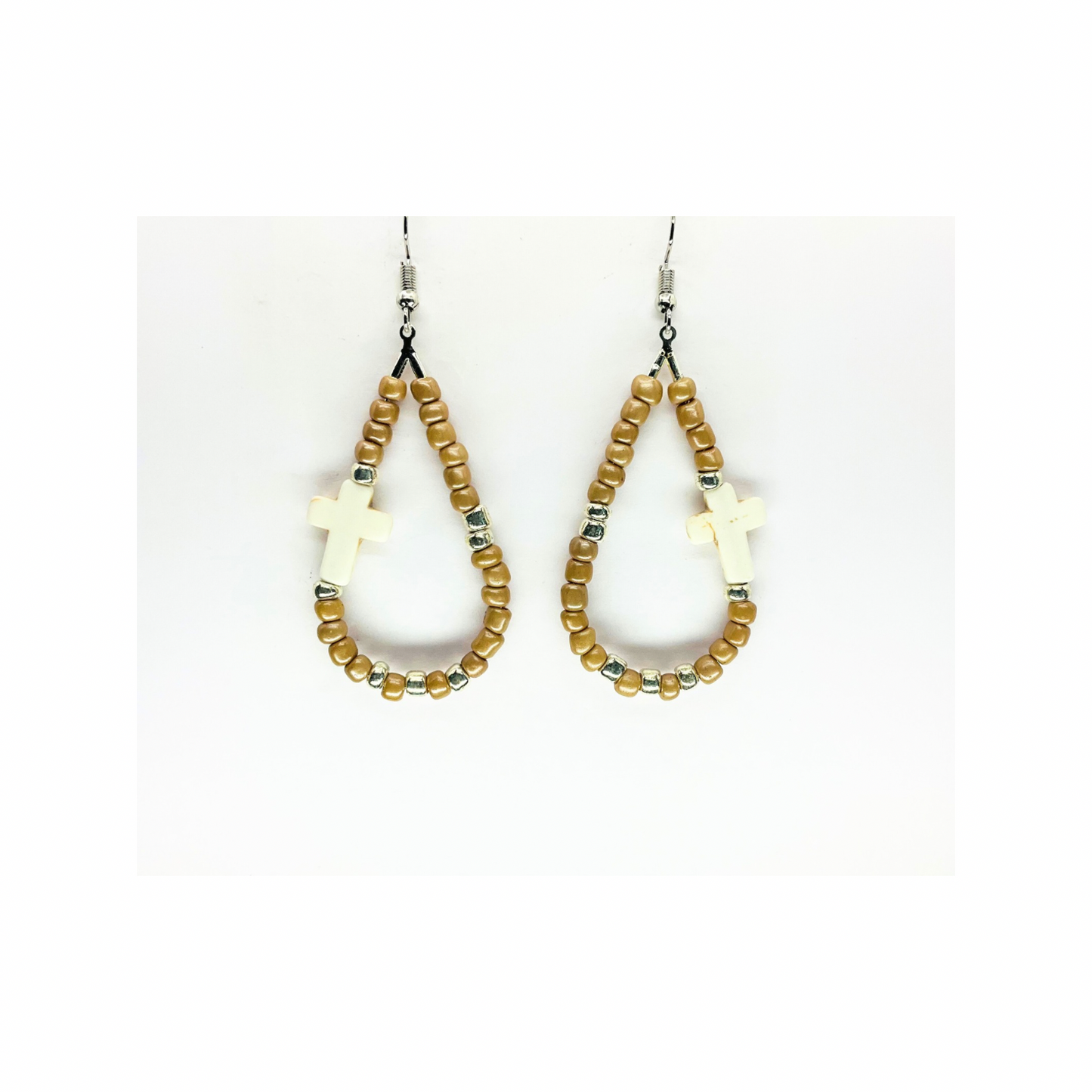 Tan Beaded Teardrop Dangle with Cream Cross, Boho Jewelry