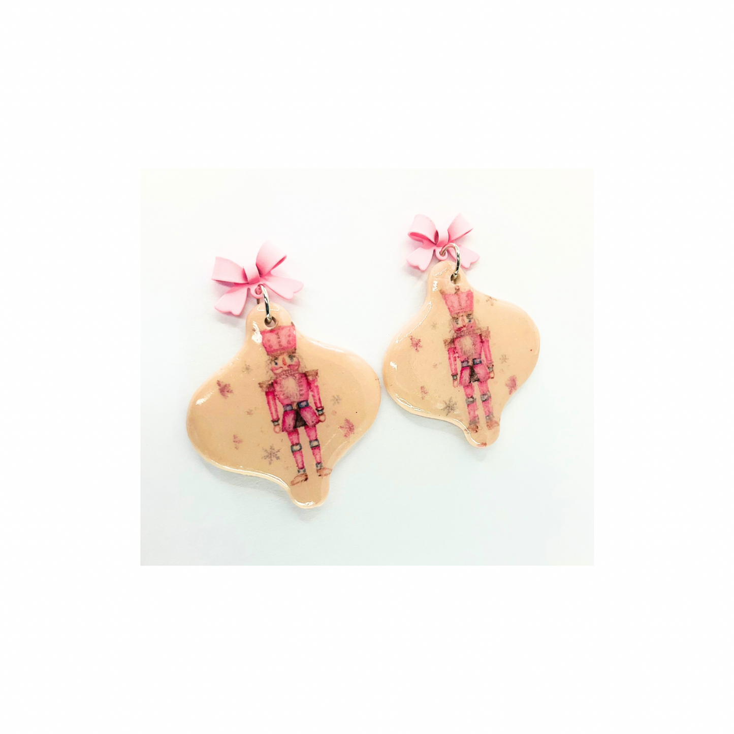 Nutcracker Ornament Dangle Earrings with Pink Bow Stud