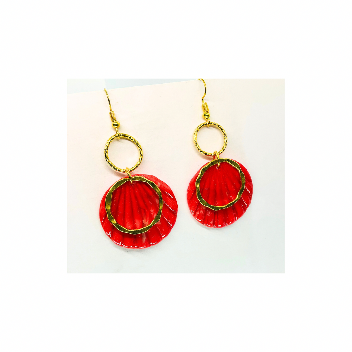 Christmas in July Collection Round with Gold Round Accent Dangle Earrings Red Translucent Design