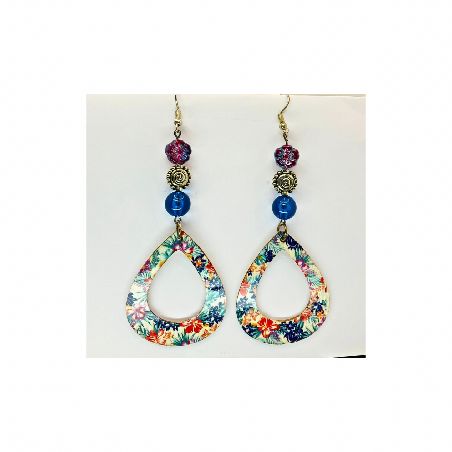 Wood Teardrop Floral Dangle with Bead Earrings-Crafting By BB