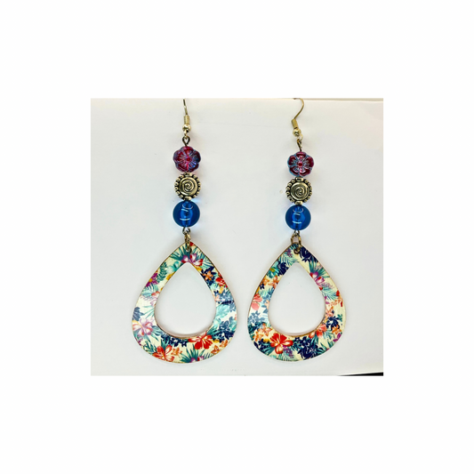 Wood Teardrop Floral Dangle with Bead Earrings-Crafting By BB