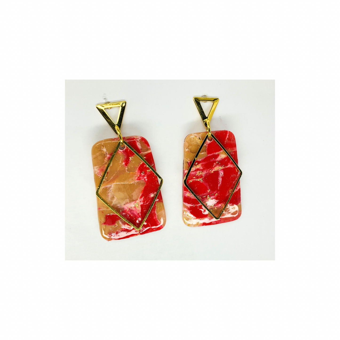 Red and Gold Dangle with Gold Triangle Stud Earrings-Crafting By BB