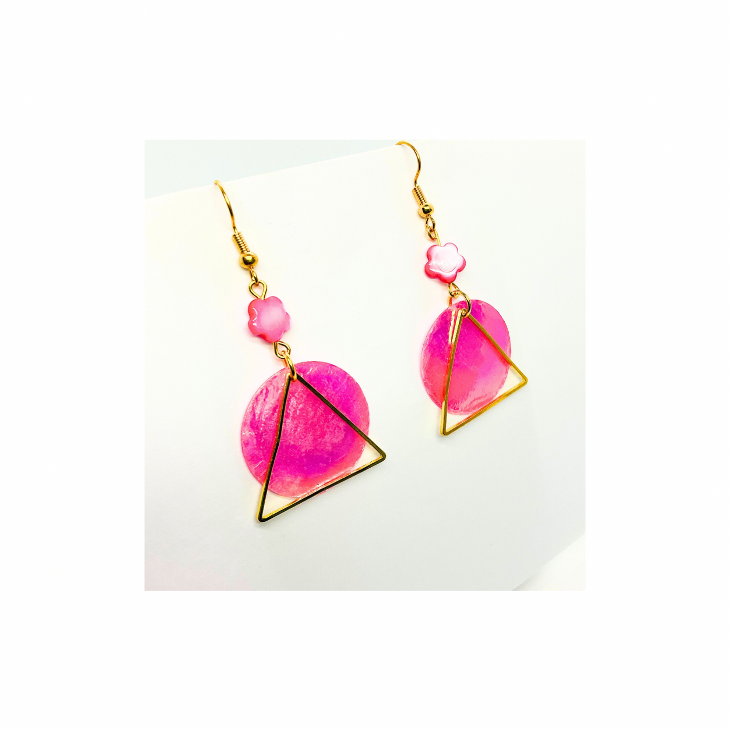 Pink Shell Collection Bright Pink Circle with Gold Triangle Dangle Earrings for Female Fashion Jewelry