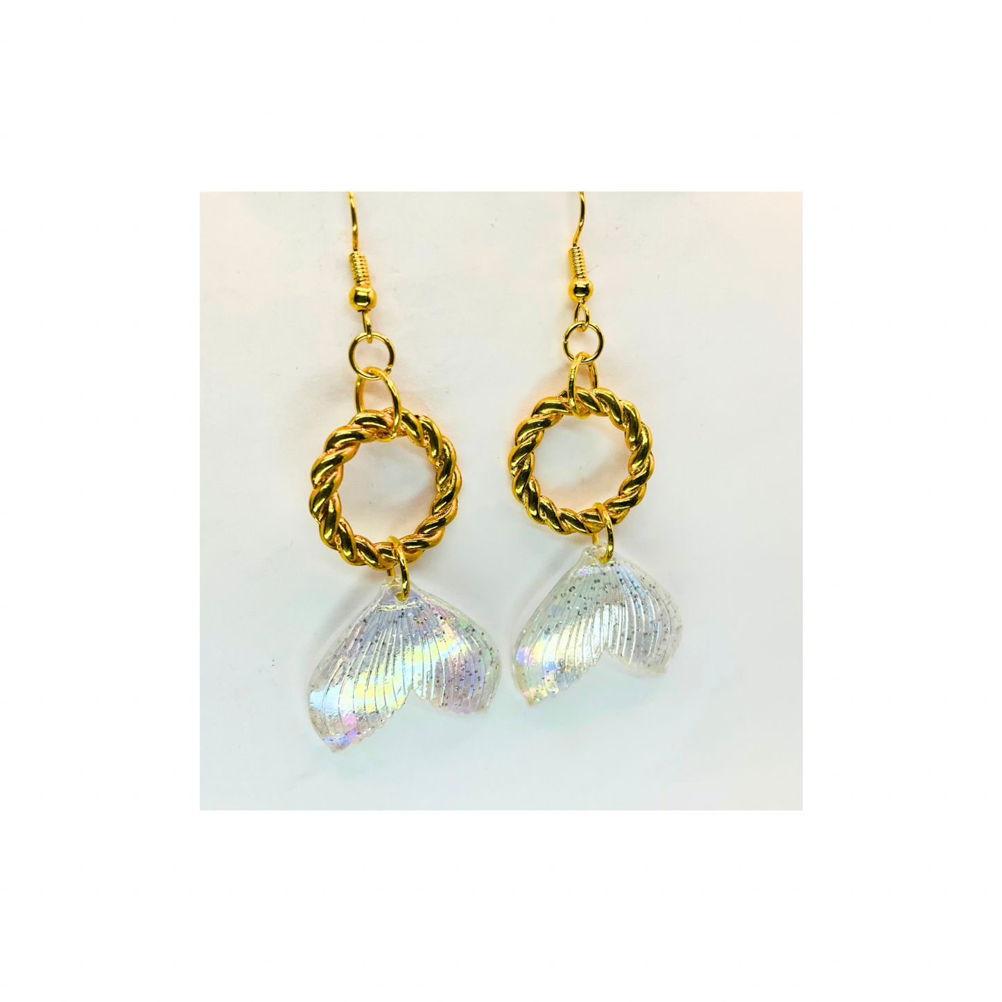 Mermaid Iridescent Tail Earrings with Gold Rope Circle Dangle
