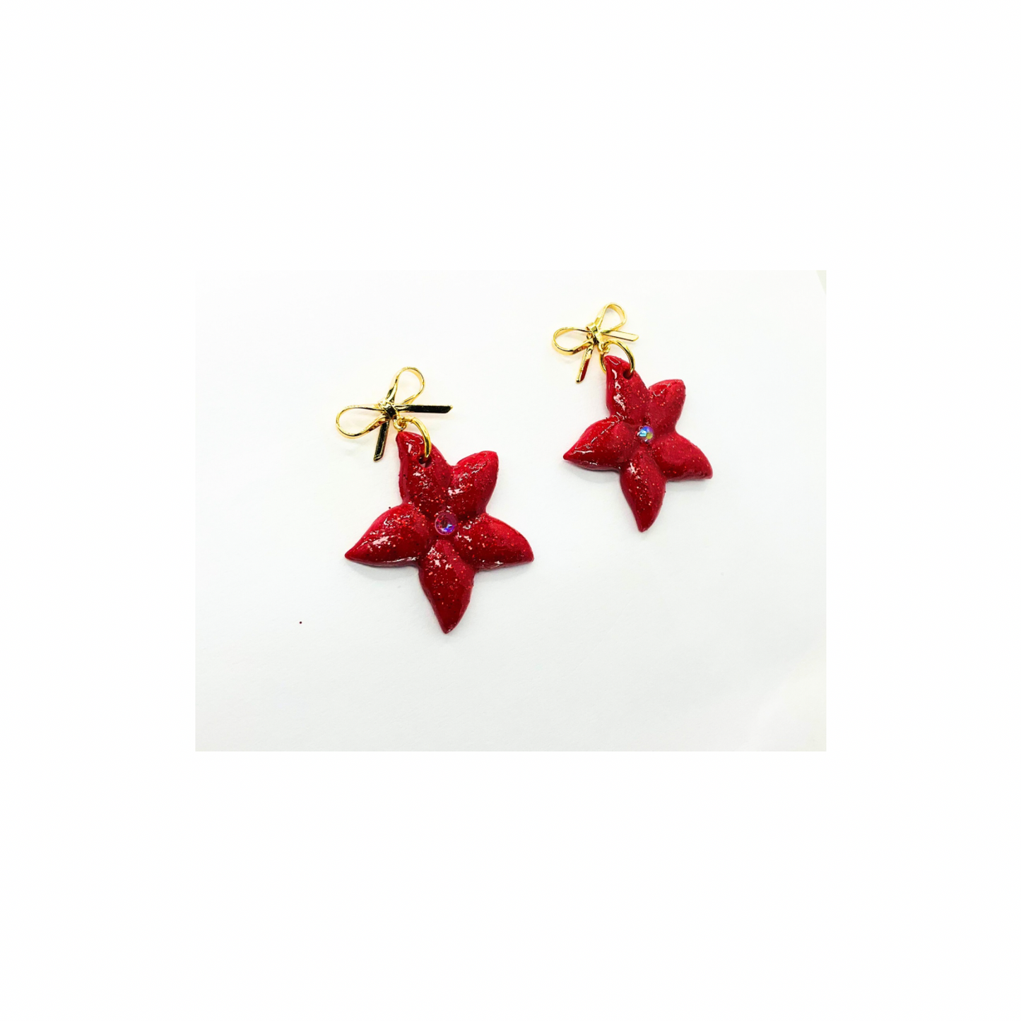 Red Sparkle Poinsettia with Gold Bow Stud Dangle Earrings for Festive Wear