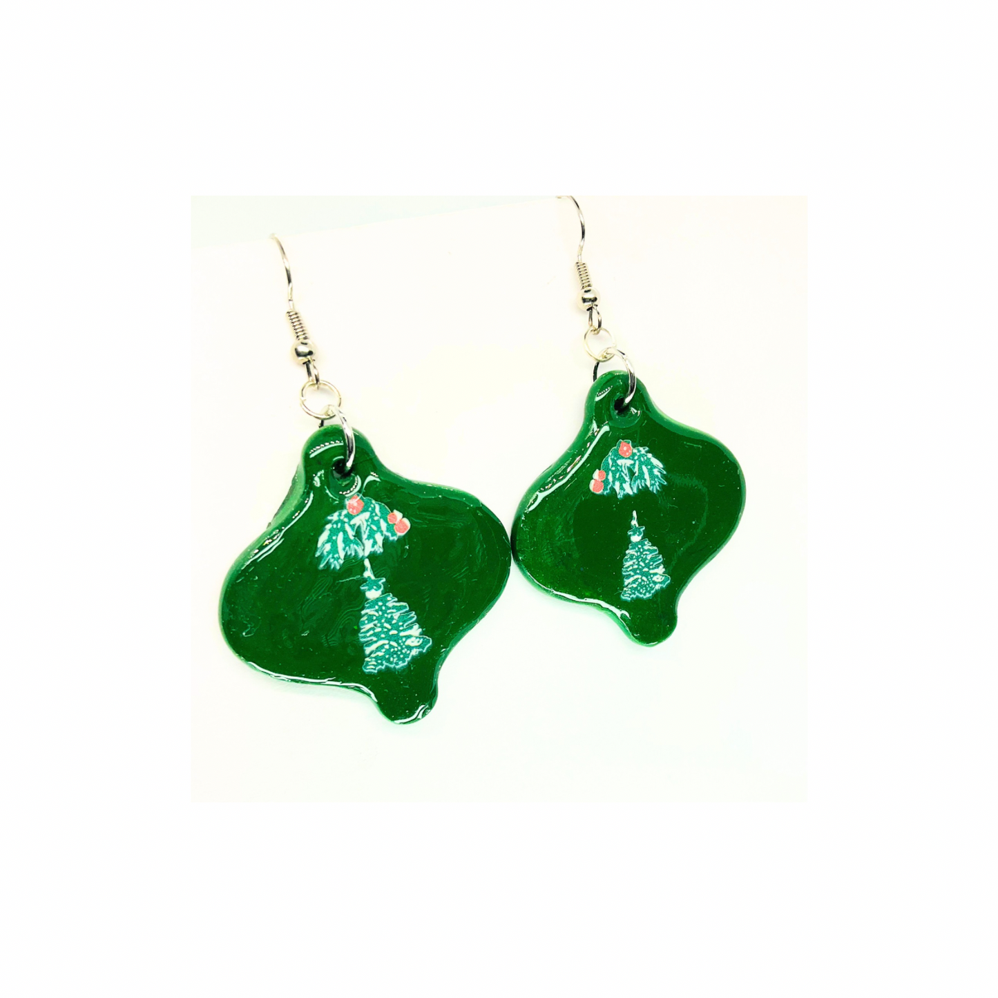 Christmas in July Collection Green Ornament with Tree Embellishment Dangle Earrings Festive Design