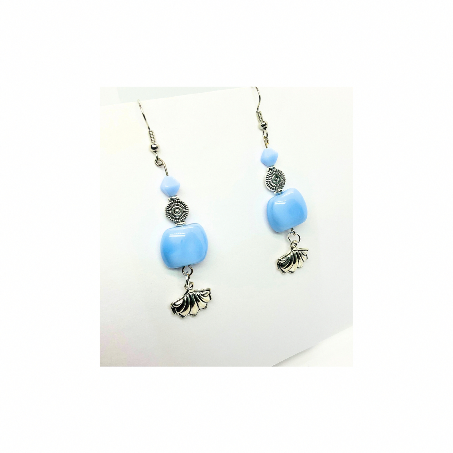 Ocean Collection Light Blue Beads with Silver Shell Charm Dangle Earrings - Stylish and Unique Design