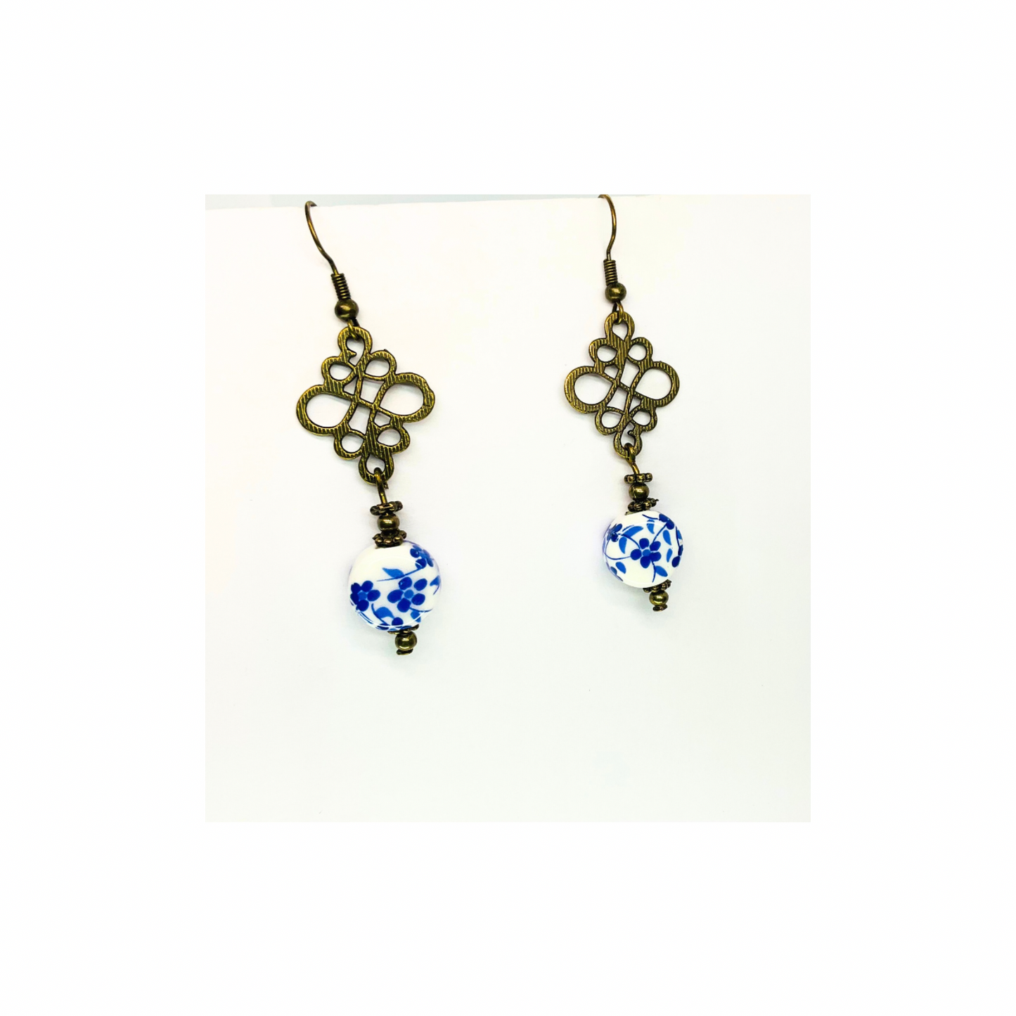Porcelain Bead Collection Romantic Blue Flower Dangle Earrings for Female with Unique Design