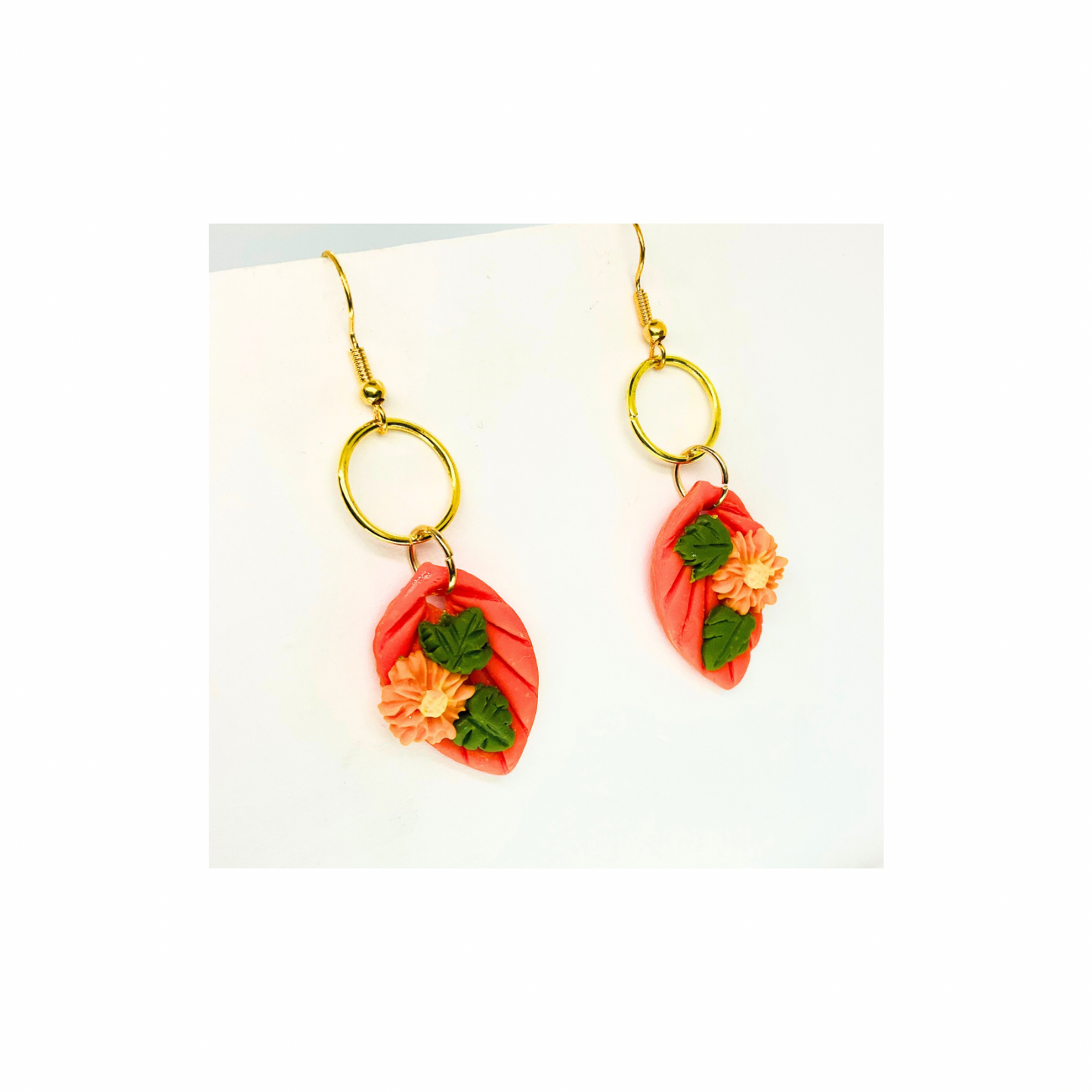 Fall Collection Orange Leaf with Floral Dangle Earrings - Unique Design with Green Leaves and Floral Accents