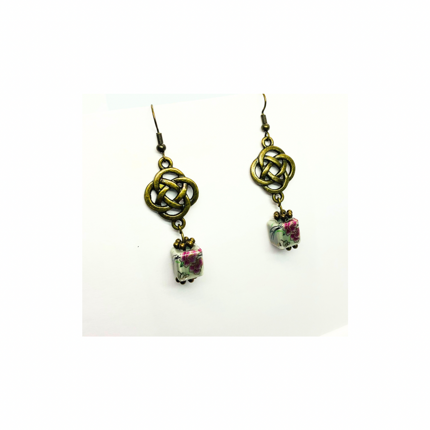 Porcelain Bead Collection Square Bead Dangle Earrings with Floral Design for Female Jewelry Accessories