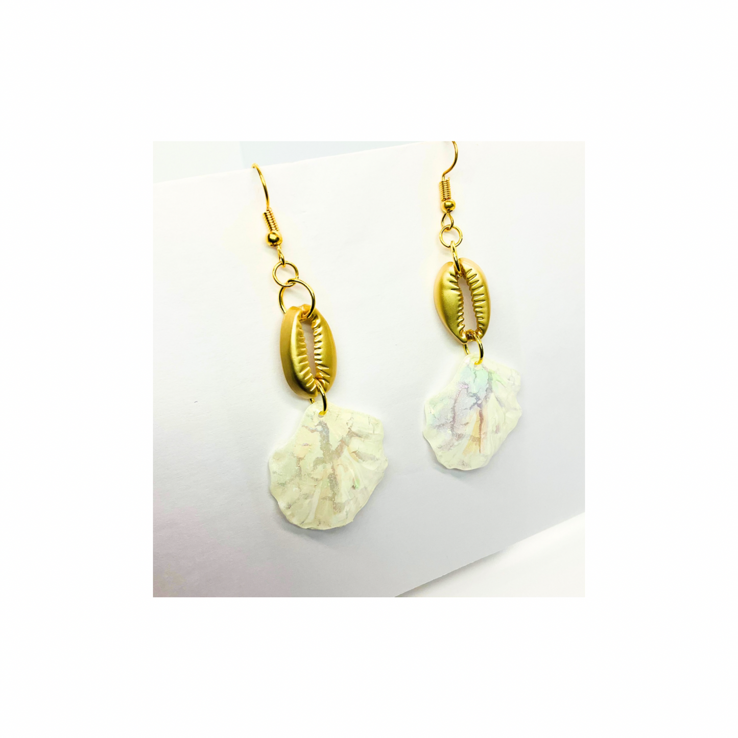 Mermaid Collection Crackle Cream Shell and Gold Dangle Earring with Unique Design Elements