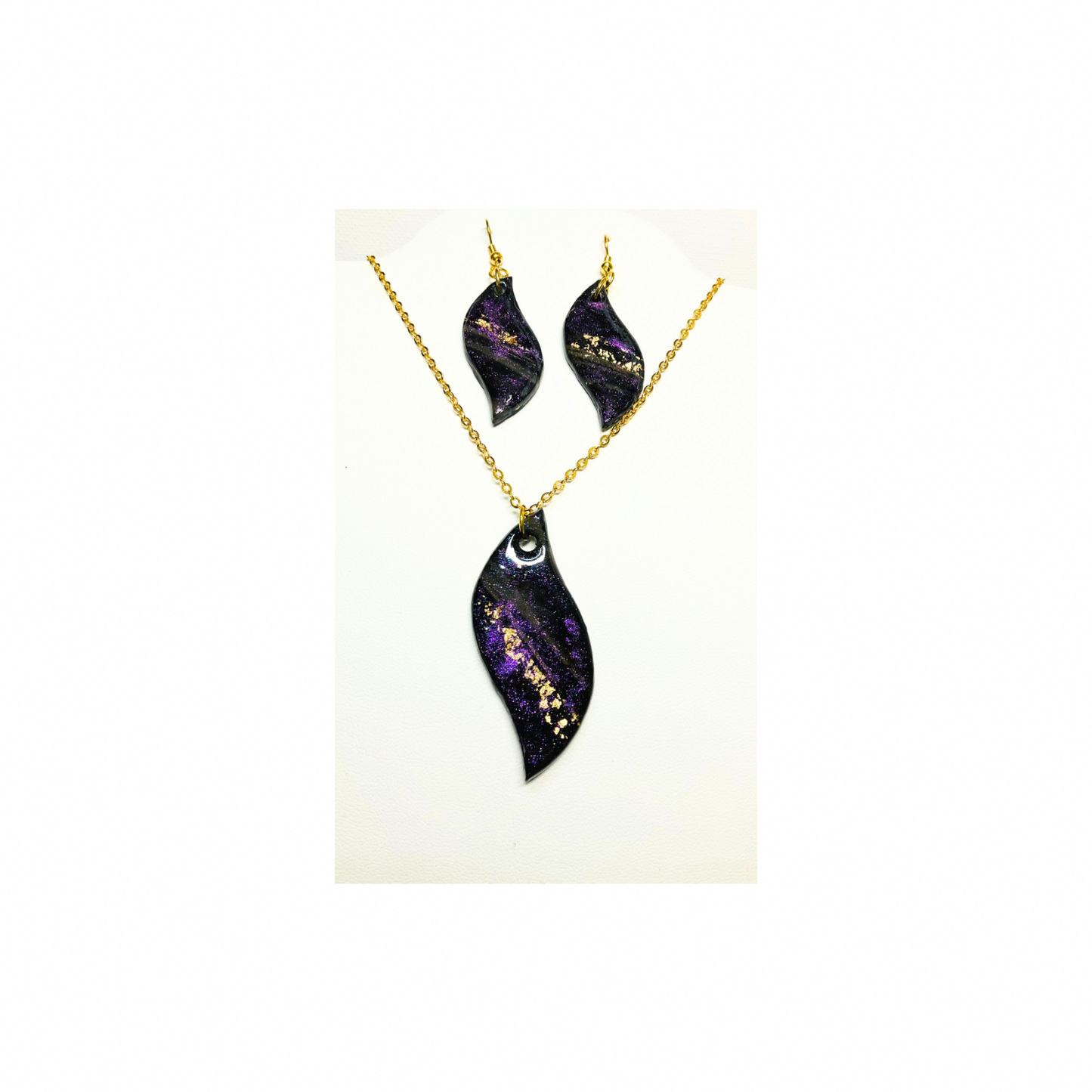 Purple Swirl Earring Set Handcrafted Polymer Clay Pendant & Earrings Gold Leaf Accents