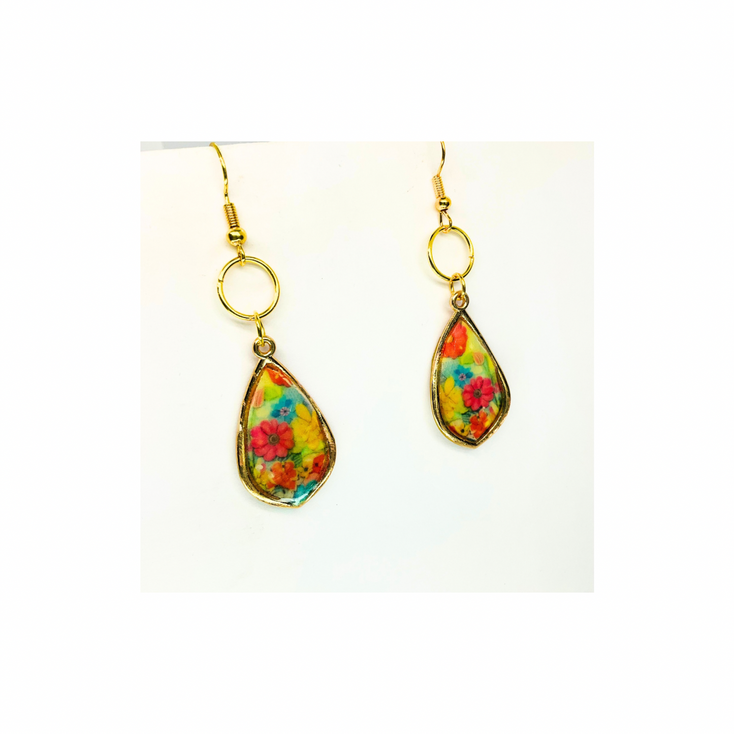 French Garden Collection Gold Teardrop Floral Dangle Earring with Vibrant Multicolor Flowers and Elegant Gold Finish
