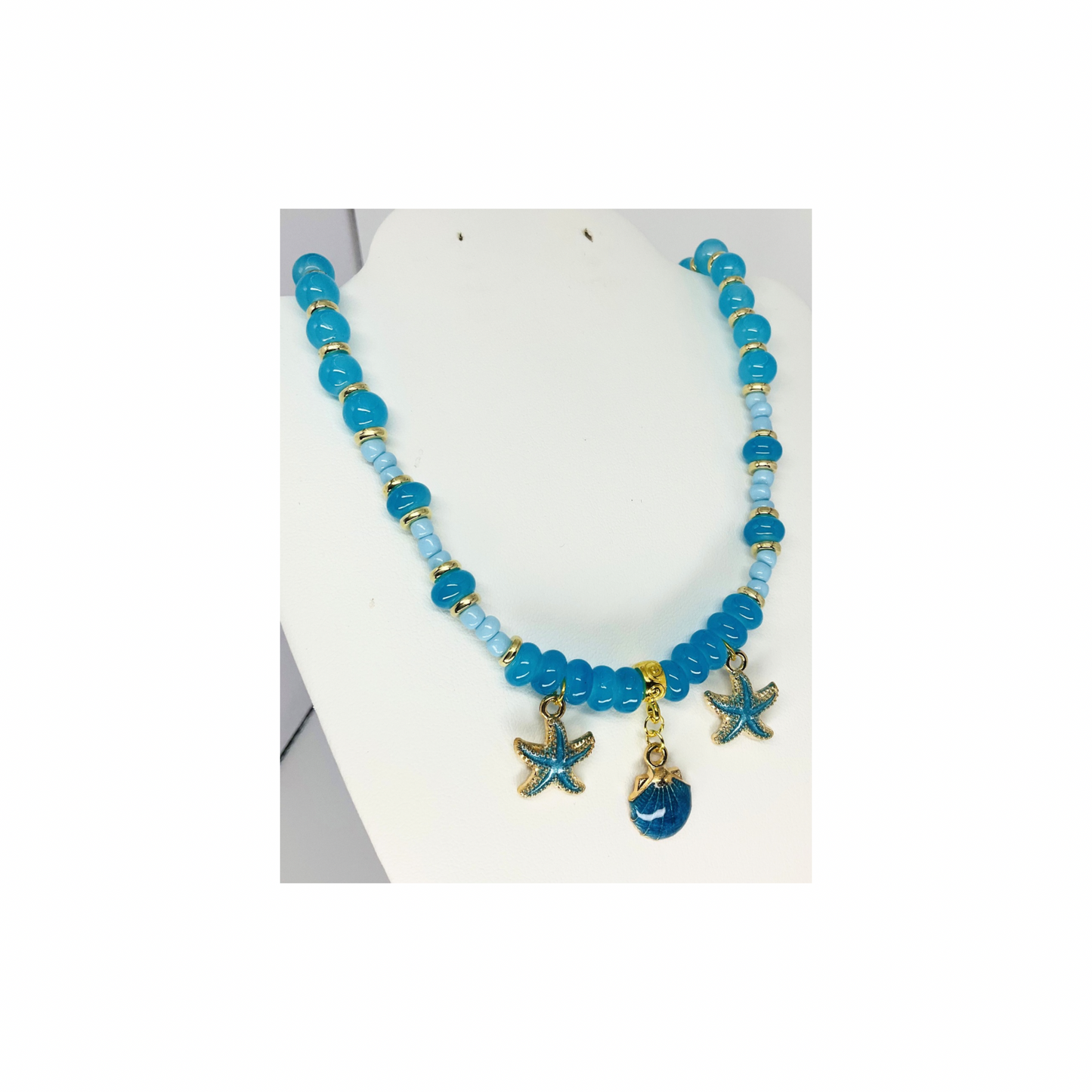 Blue Beaded 17-inch Necklace with Beach Charms-Crafting By BB