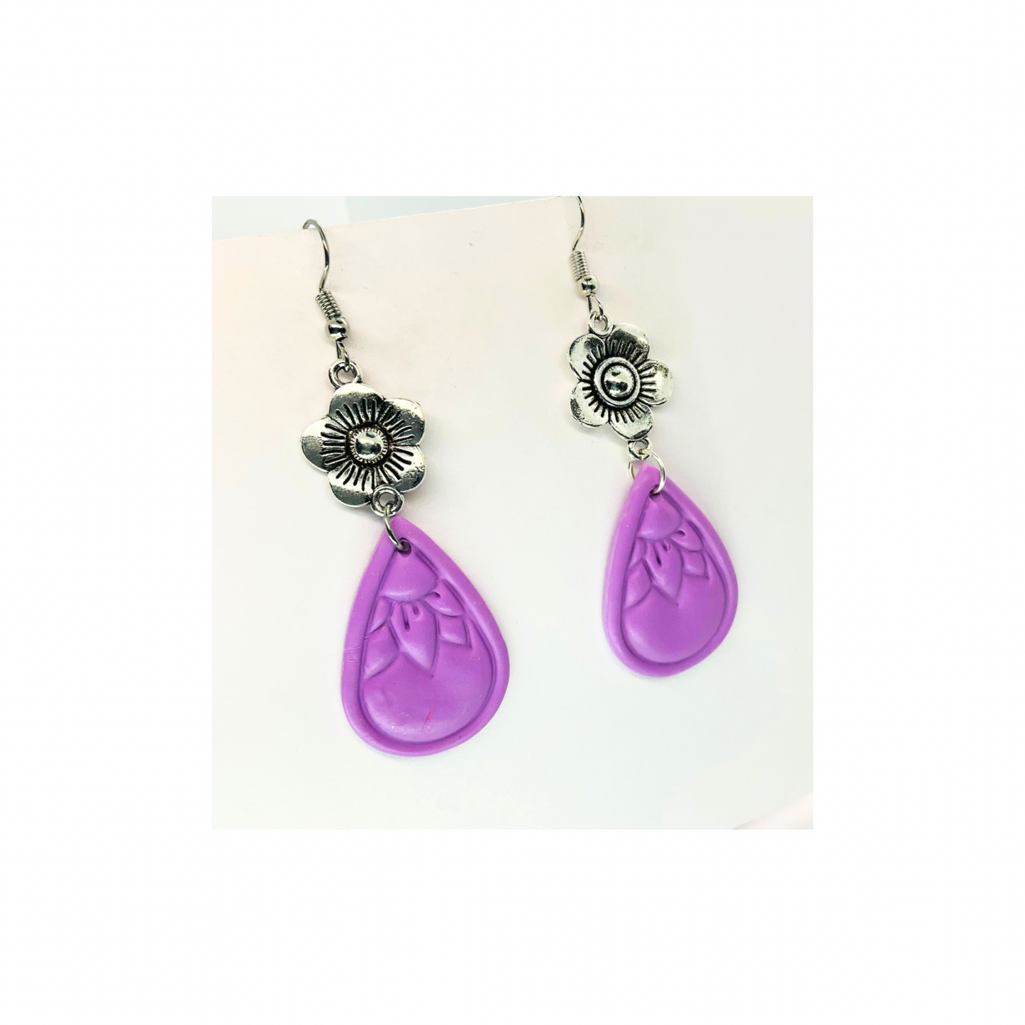 Purple Sunflower Teardrop Silver Flower Dangle Earrings with Unique Design and Colorful Teardrop Shape