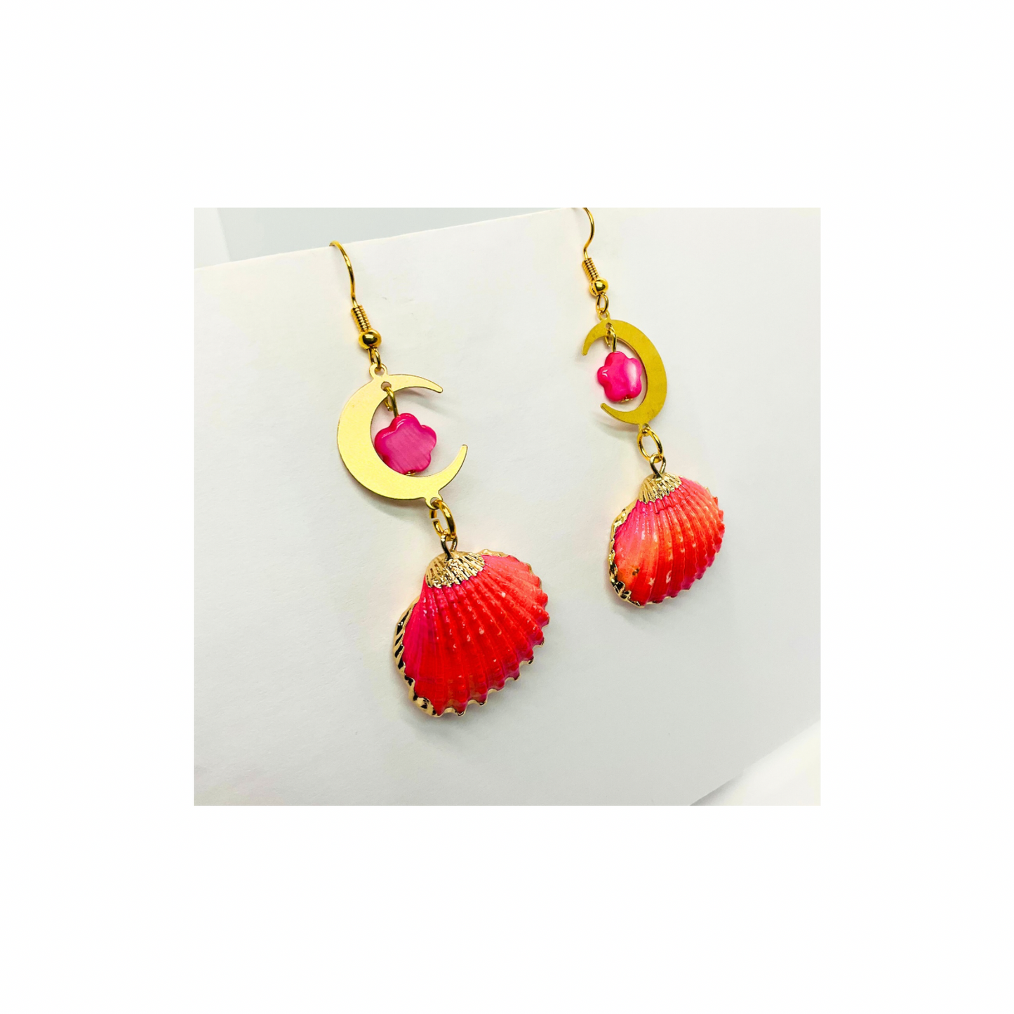 Pink Shell Collection Pink and Orange Shell with Gold Half-Moon Dangle Earrings for Women Elegant Design Versatile Appeal