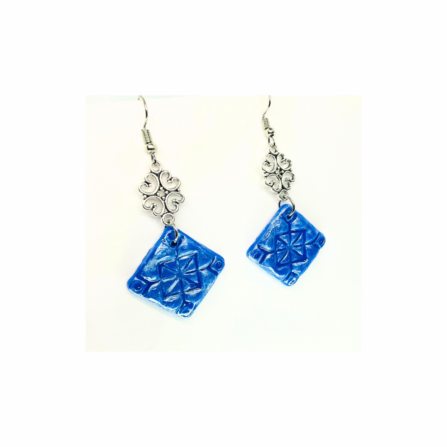 Blue Tile 130 with Silver Charm Dangle Earrings - Blue Square Design & Silver Charm Accents